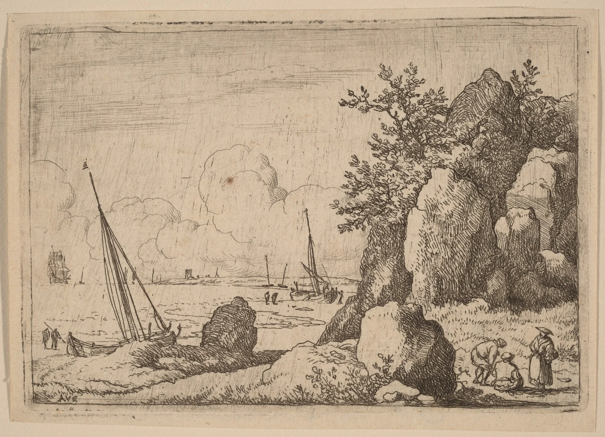 Seascape with Three Figures to the Right, by Allart van Everdingen, ink, 1650