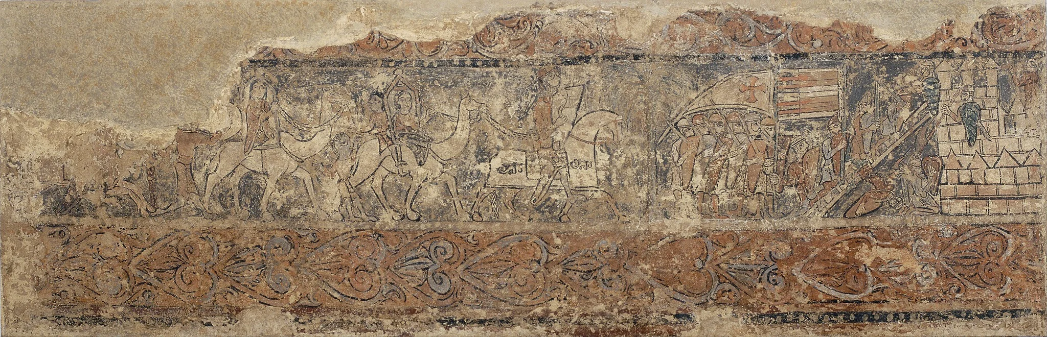 Profane paintings from Sigena: Retinue of pilgrims and assault on a castle (Saint John of Acre?), by Unknown, unspecified, 1200