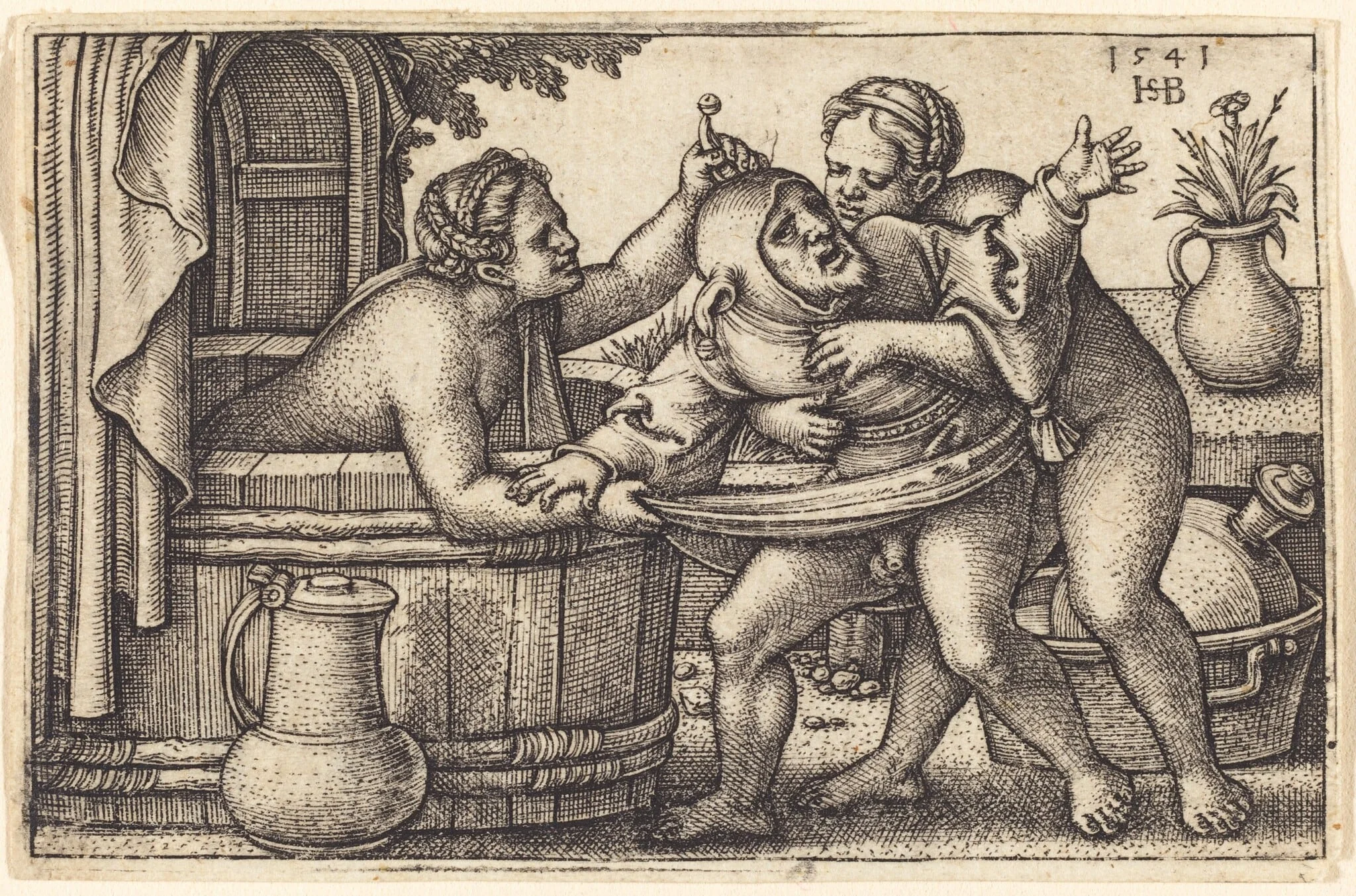 Fool and Two Bathing Women, by Sebald Beham, ink, 1541