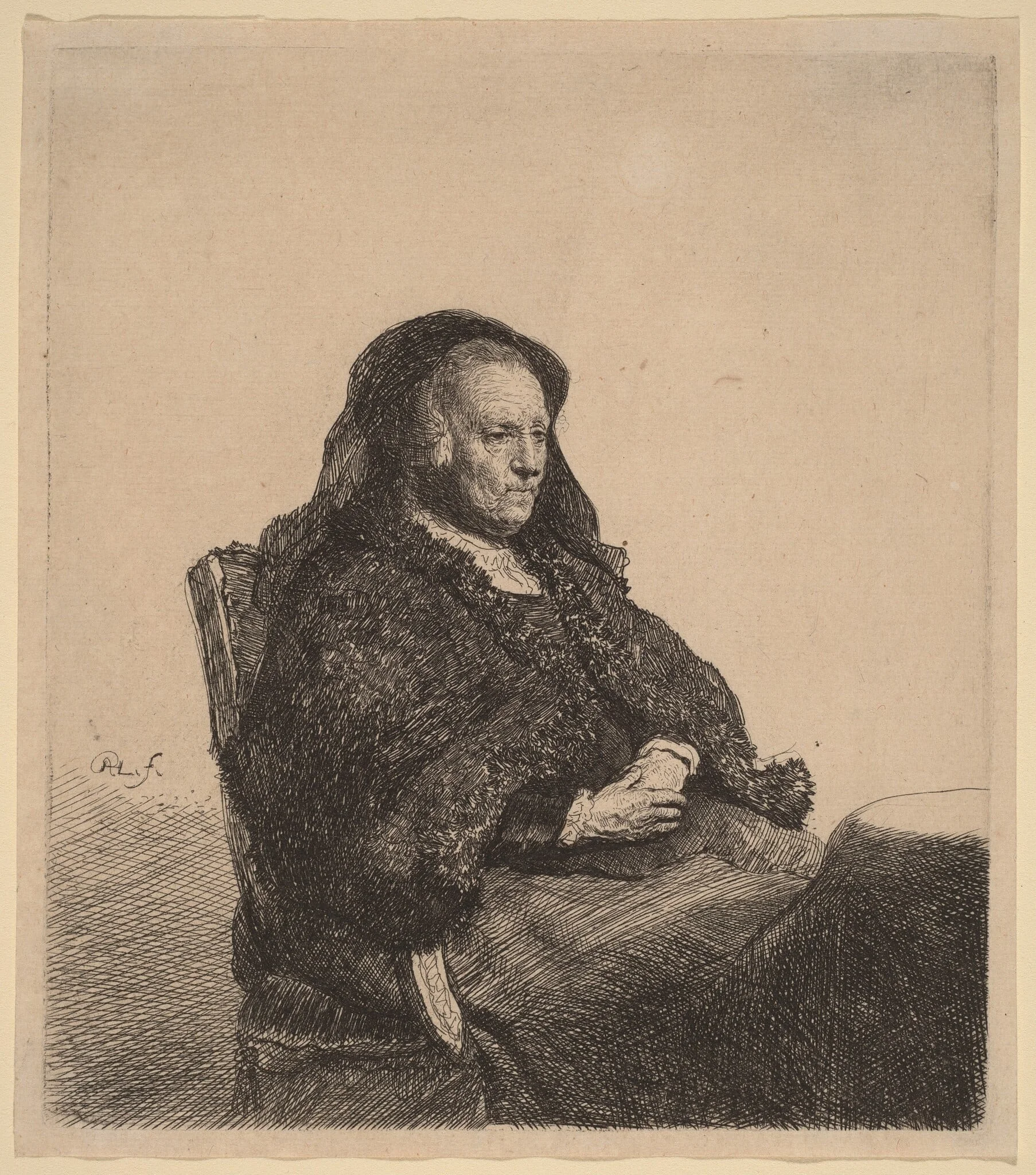 The Artist's Mother Seated at a Table, Looking Right, by Rembrandt, ink, 1631
