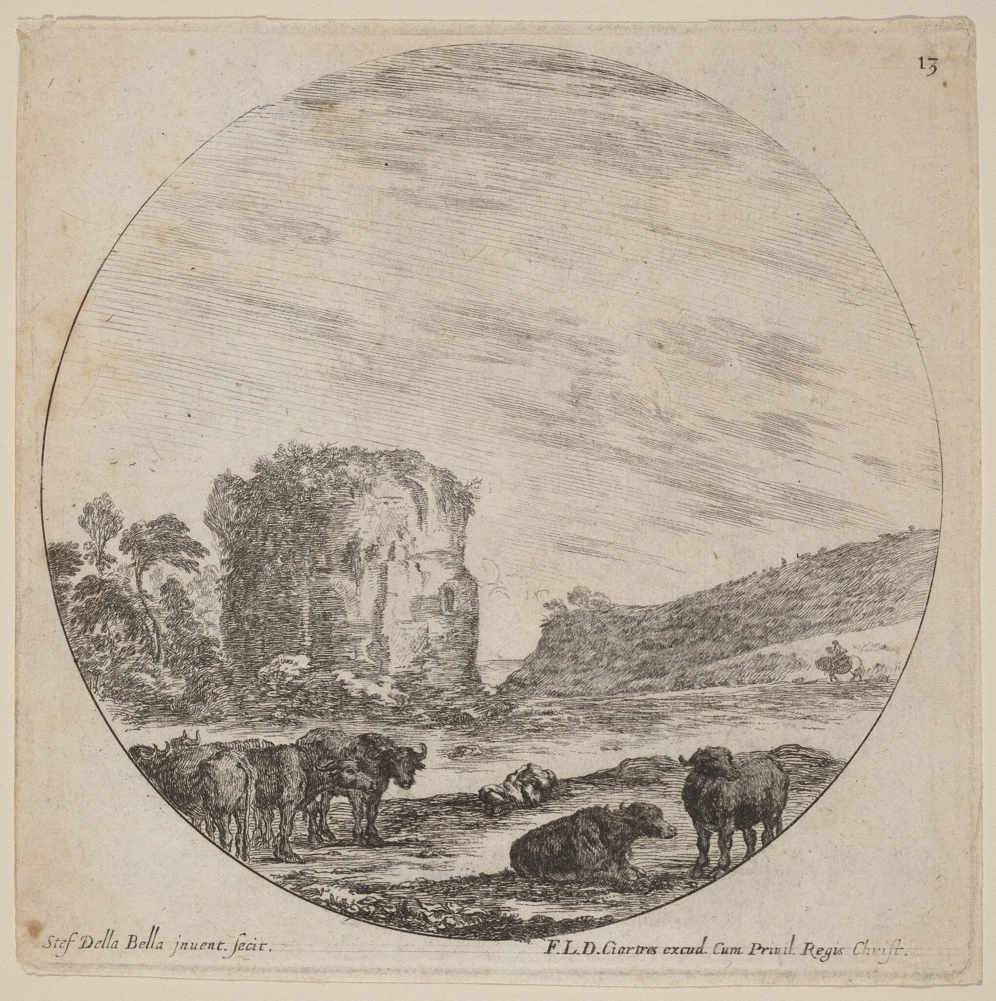 Landscape with Antique Ruins, by Stefano Della Bella, ink, 1646