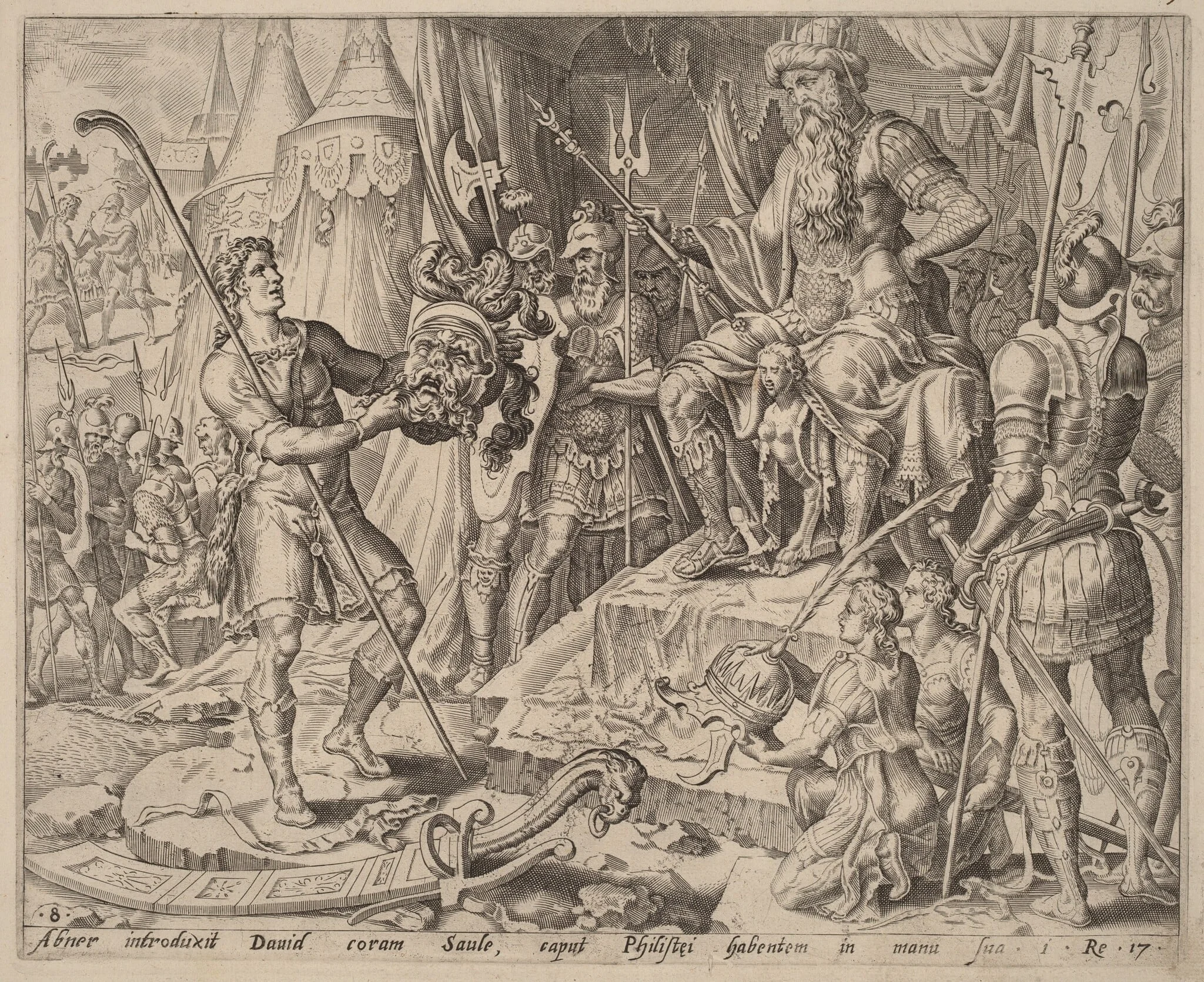 David with Goliath's Head before Saul, by Dutch 16th Century, ink, 1556