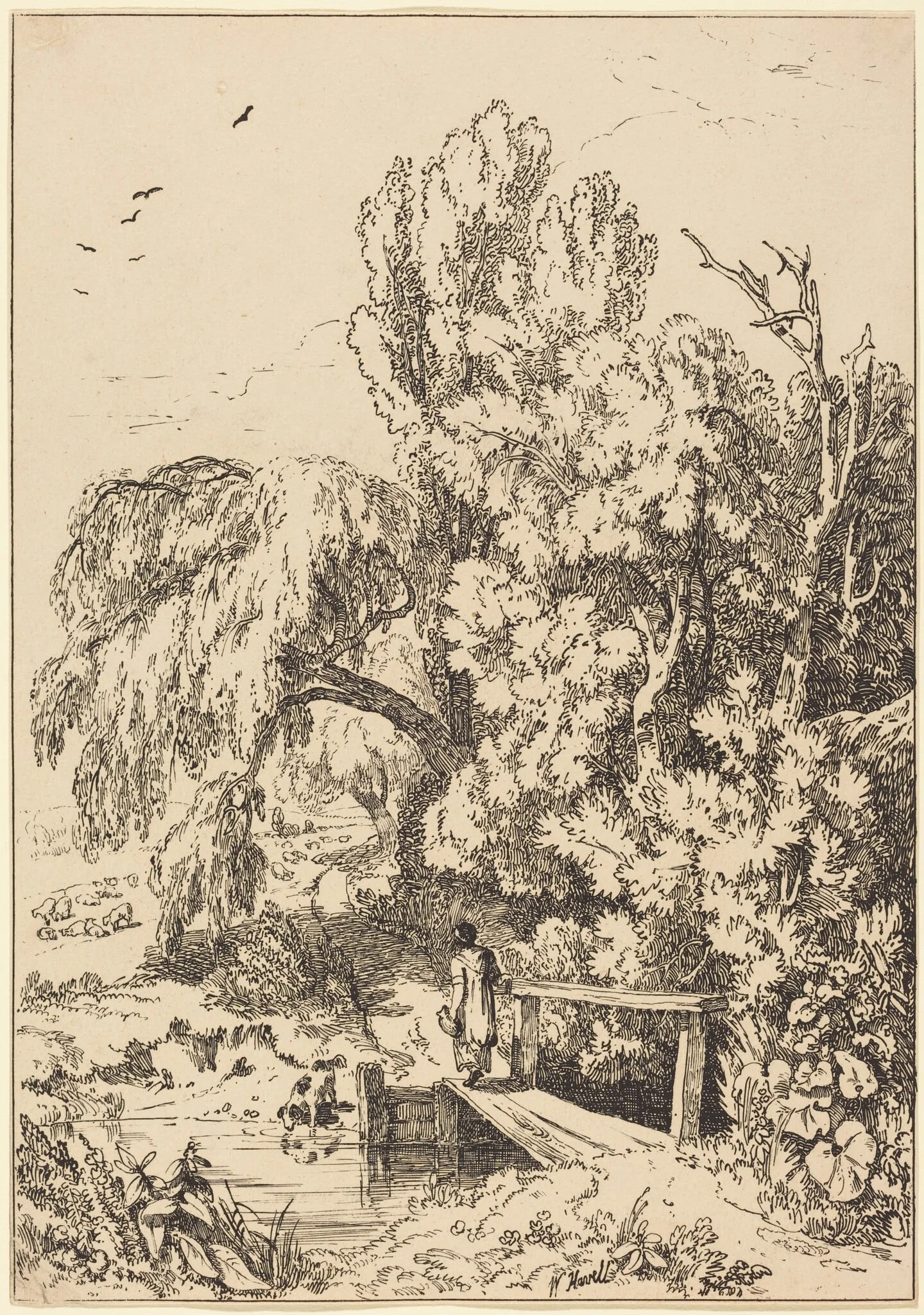 Landscape with Trees, Girl Crossing Footbridge, by William Havell, ink, 1804