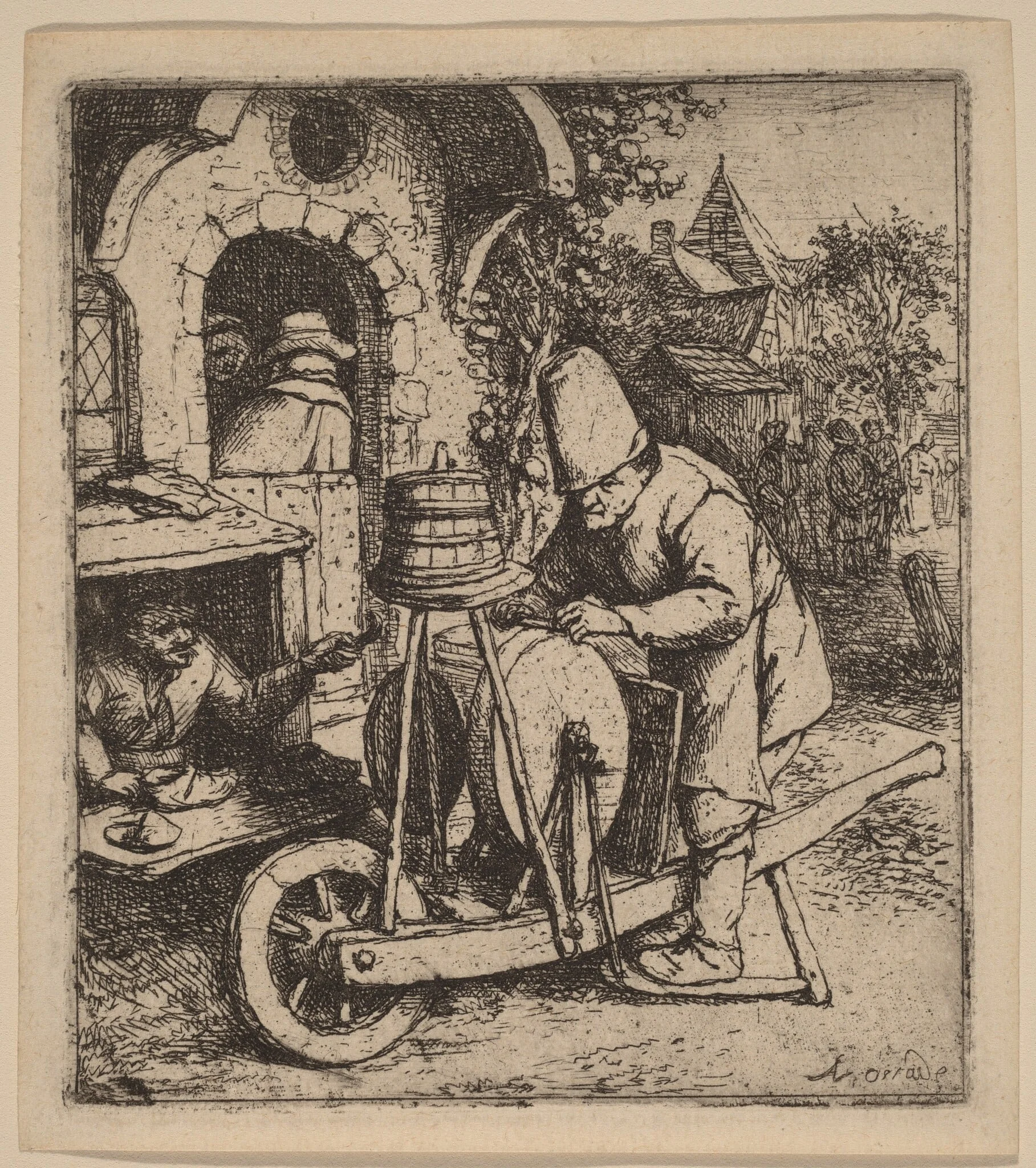 Knifegrinder at Work Outside a Cobbler's Workshop, by Adriaen van Ostade, ink, 1653