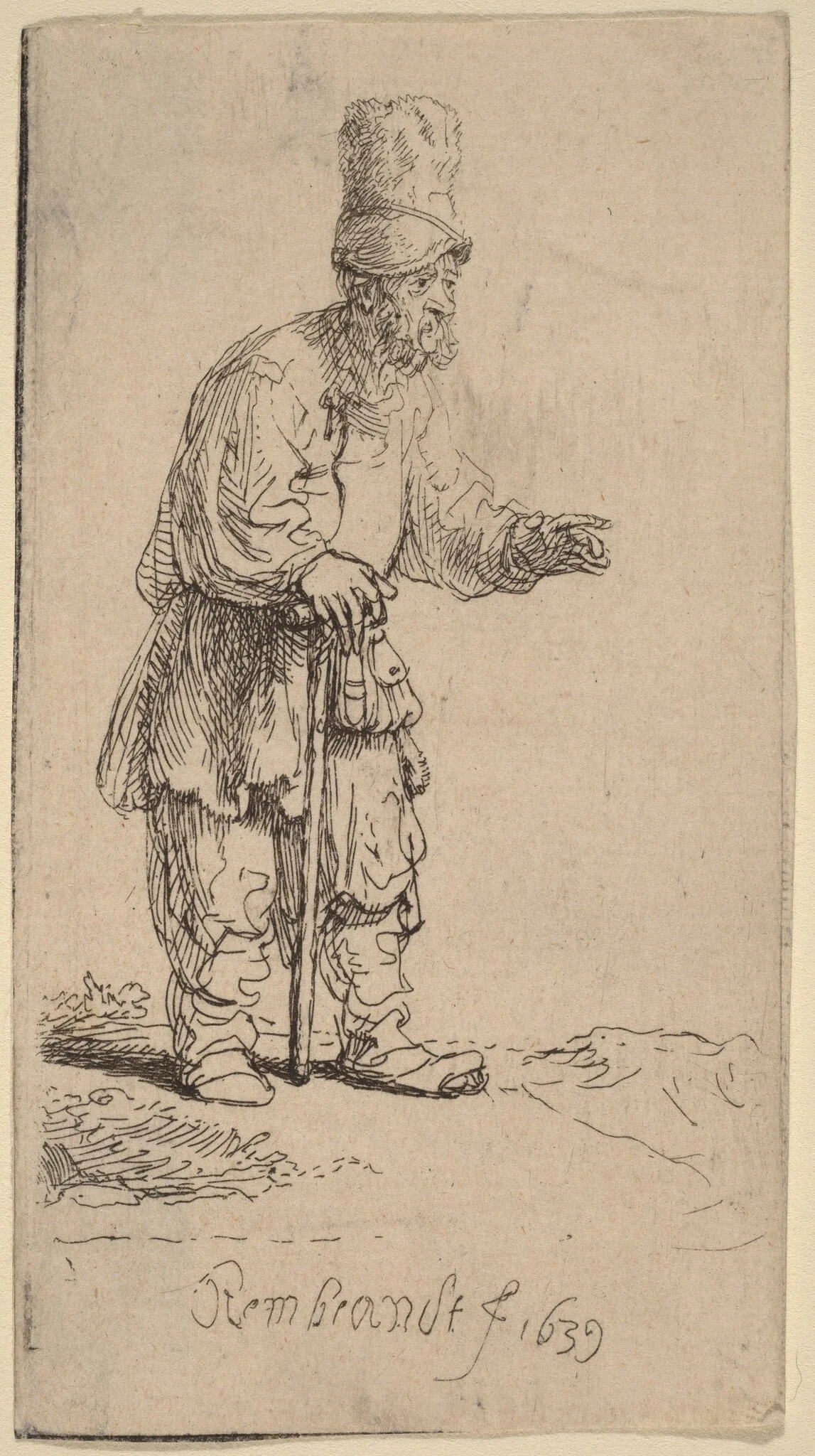 A Peasant in a High Cap, Standing Leaning on a Stick, by Rembrandt, ink, 1639
