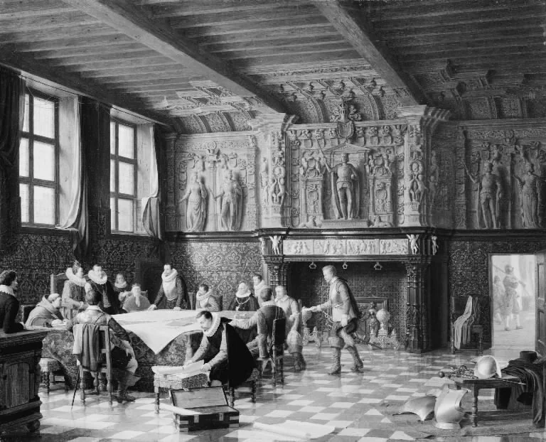Et krigsråd i Salle des Francs i Brügge omkring år 1600, by Heinrich Hansen, oil, 1847