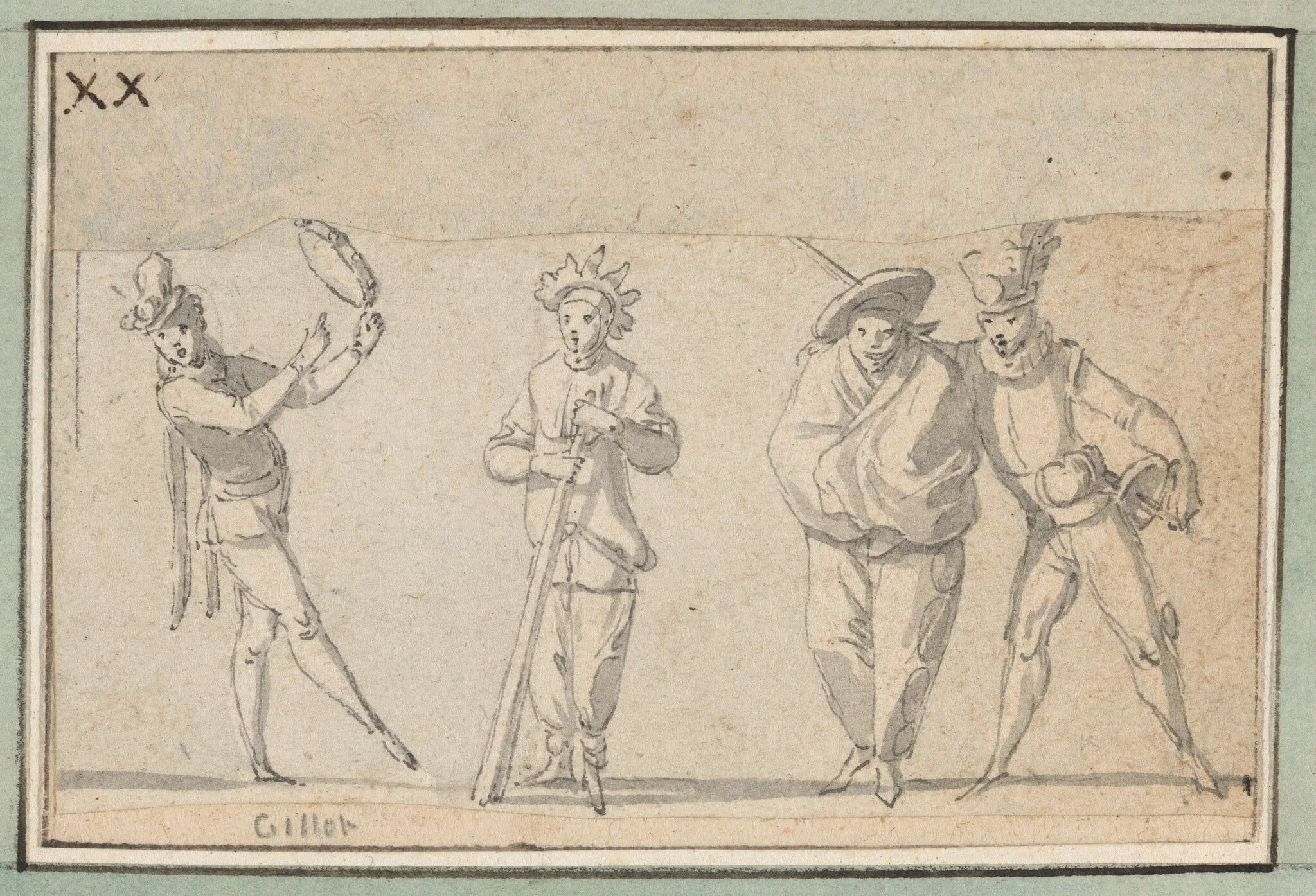 Four Singing Commedia Dell'Arte Characters, by Claude Gillot, watercolor, 1711