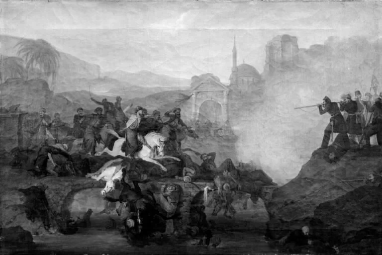 Kamp mellem tyrkere og grækere på en bro, by Jørgen Sonne, oil, 1820