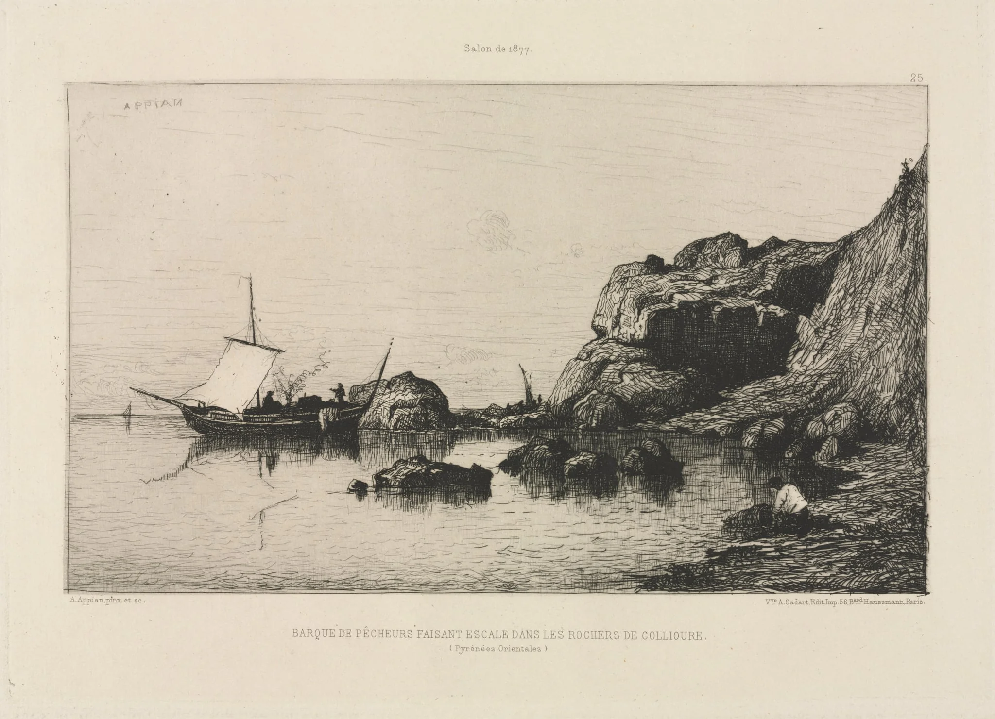 Fishing boat making a port of call at the rocks of Collioure, by Adolphe Appian, 1878