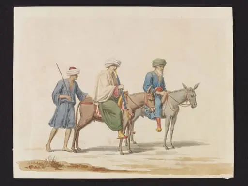 A Shaykh with his Son[?] on Mules, with their Sais [groom]