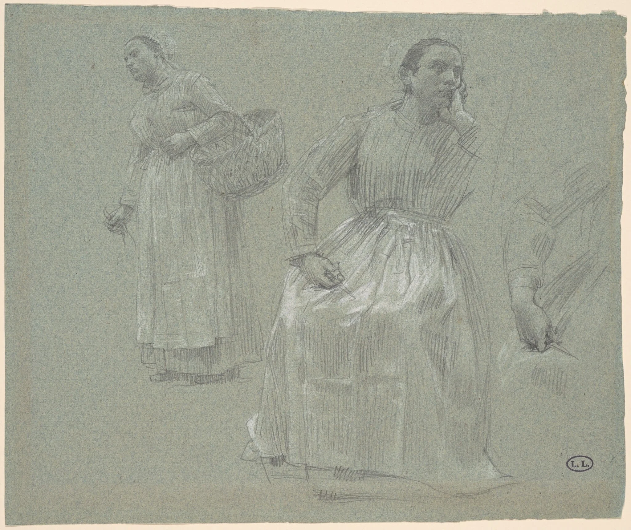Study of Two Women, One Seated and One Holding a Basket, by Léon Augustin Lhermitte, graphite, 1879