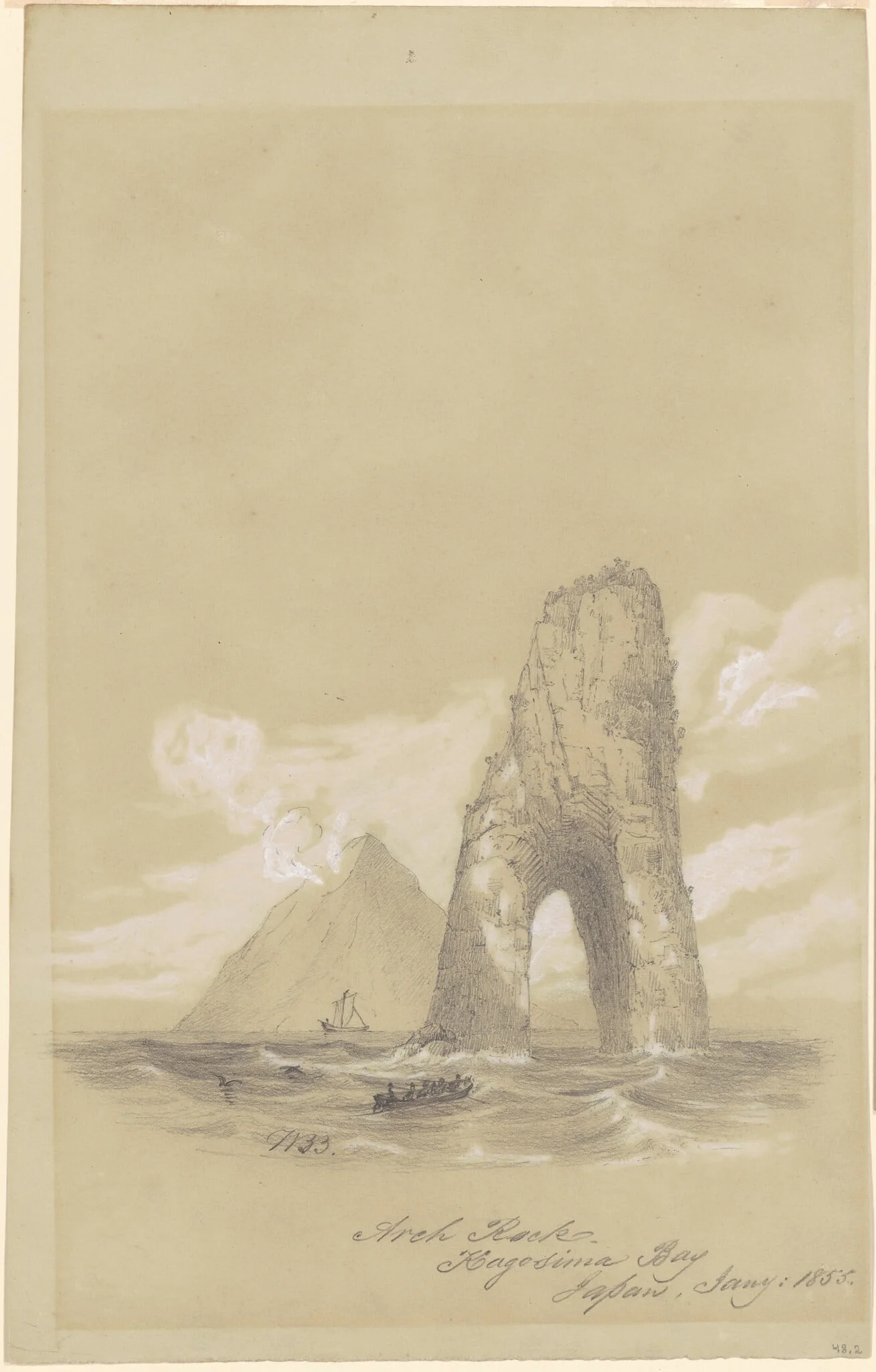 Arch Rock, Kagosima Bay, Japan, by William Brenton Boggs, gouache, 1855