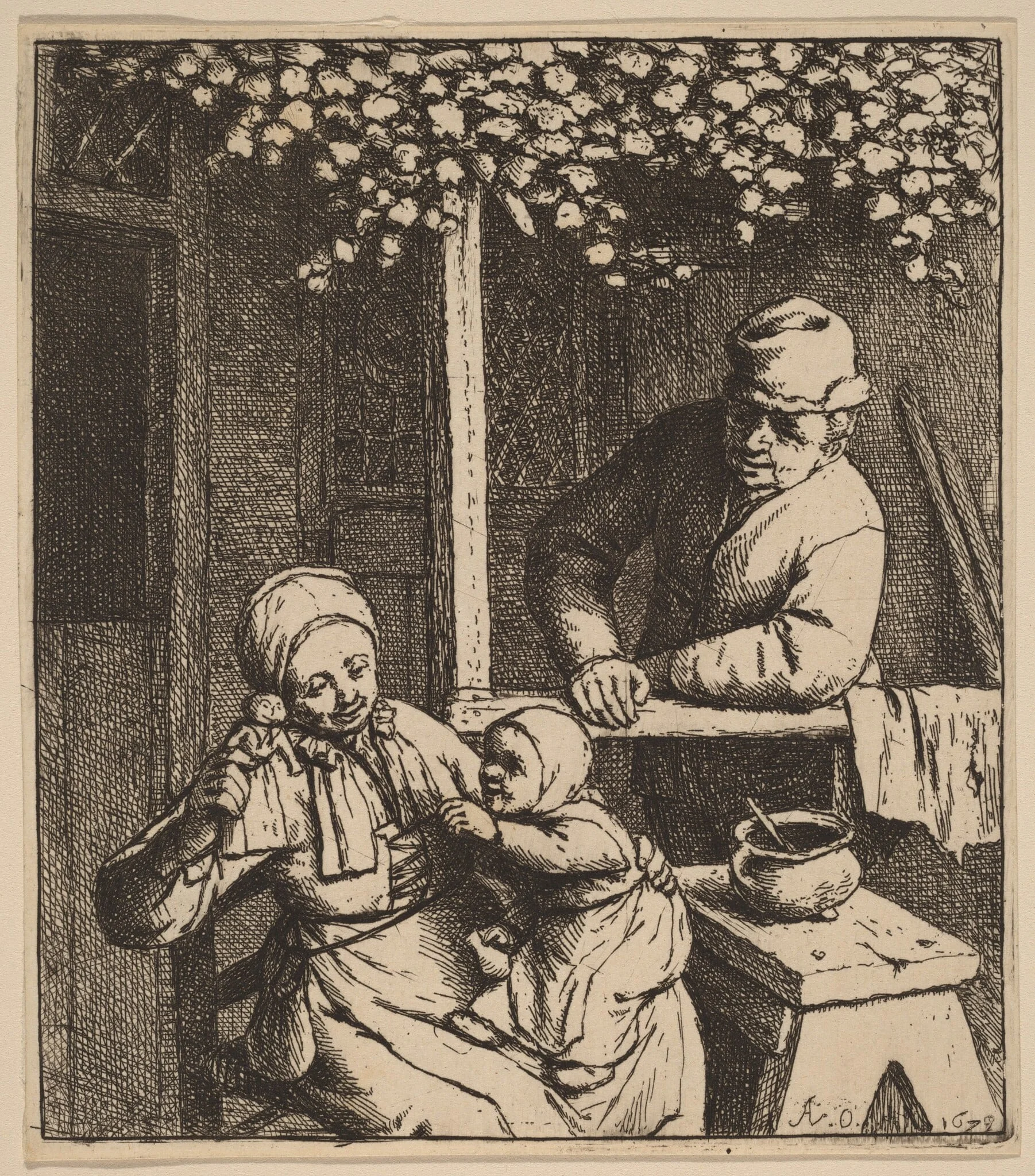 Peasant Family on a Porch with a Girl Reaching for a Doll, by Adriaen van Ostade, ink, 1679