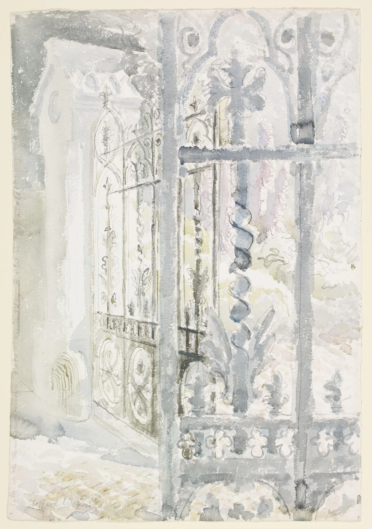Gates at the Hermitage, Lansdown, Bath, by Clifford Ellis, watercolor, 1943