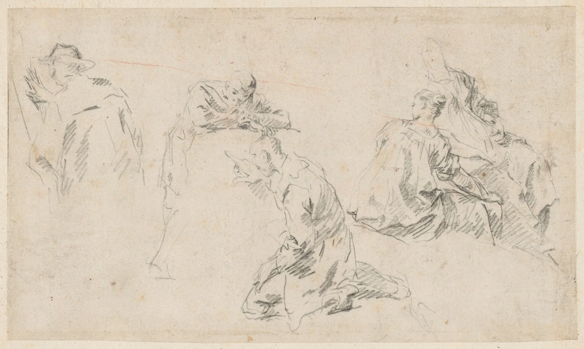 Figures Deciphering an Inscription, with Two Women Seated [Study for Oeuvres de Bossuet, IV], by Giovanni Battista Piazzetta, chalk, 1736