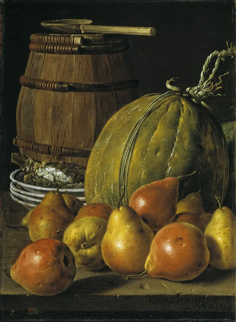 Bodegón con peras melones platos y barril