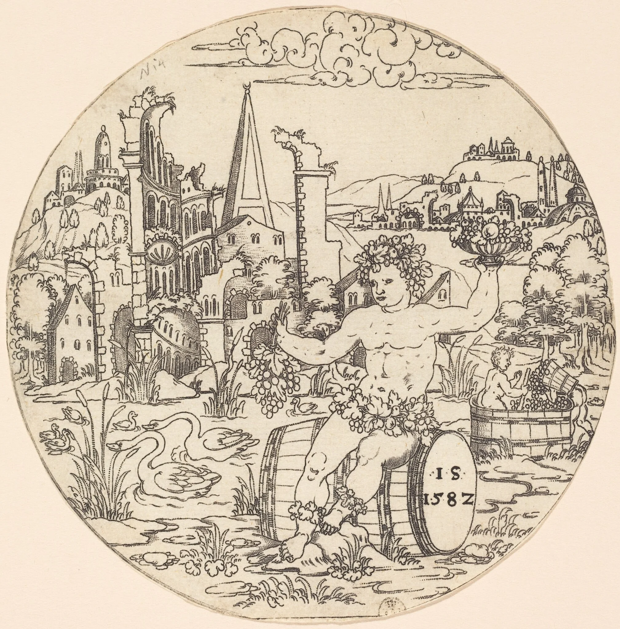 Bacchus Seated on a Barrel and Holding Grapes, by Jonas Silber, ink, 1582