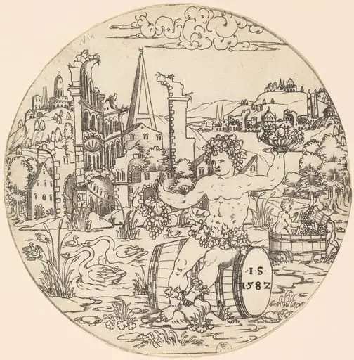 Bacchus Seated on a Barrel and Holding Grapes