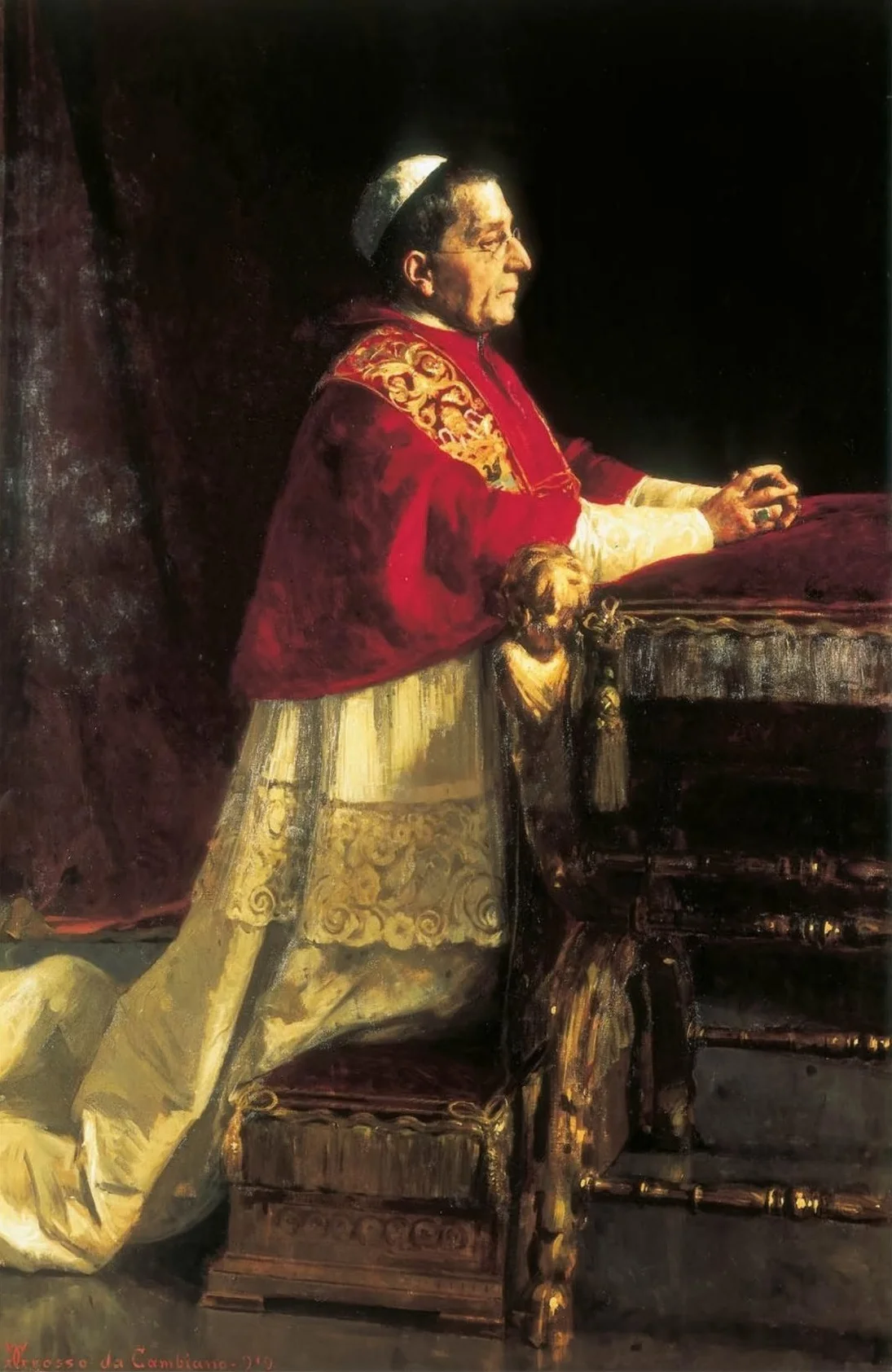 Portrait of Benedict XV praying at the faldstool