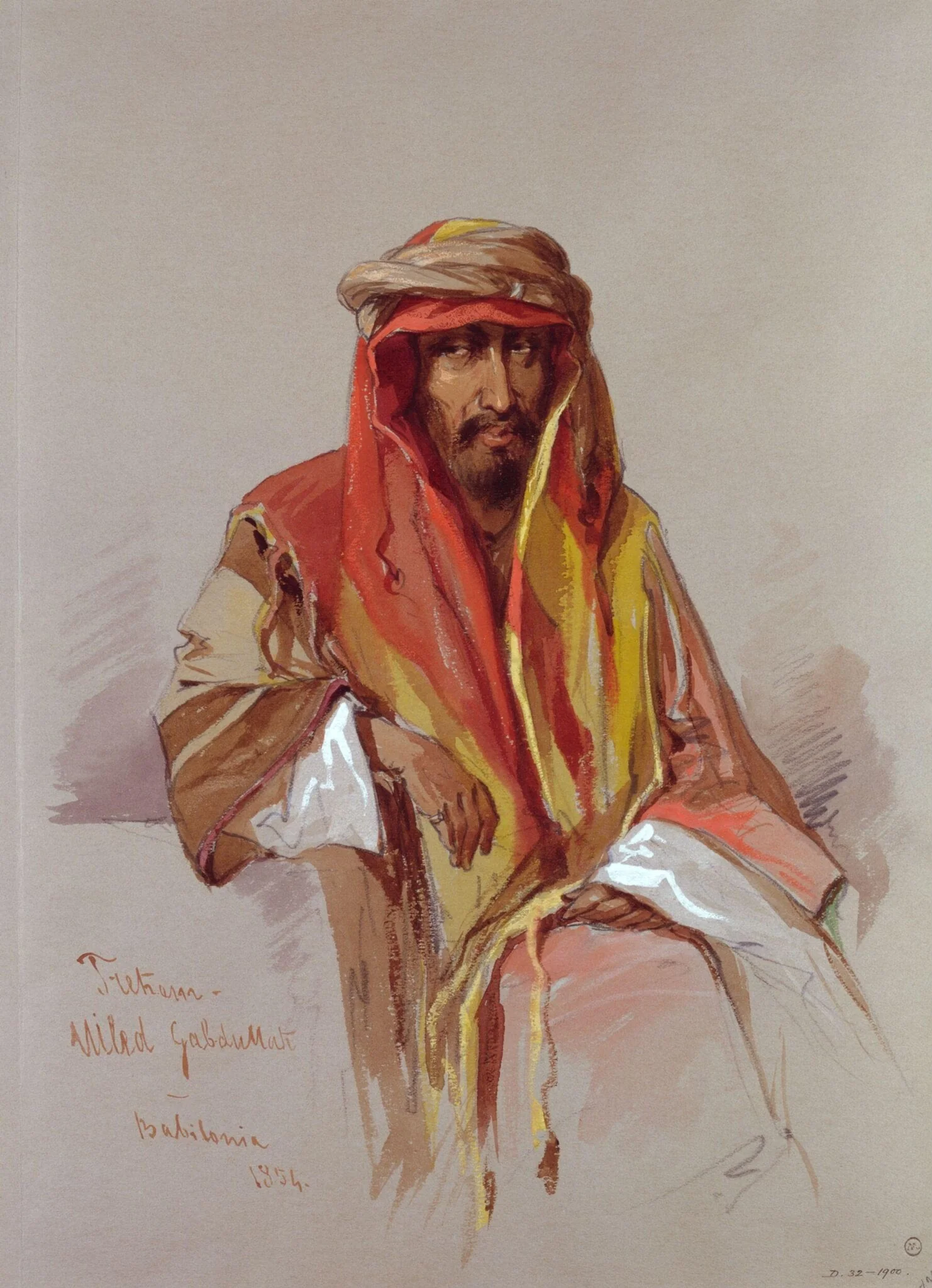 Portrait of Trehem[?]Walid 'Abdullah, an Arab from Iraq, by Aloysius Rosarius Amadeus Raymondus Andreas Preziosi, watercolor, 1854