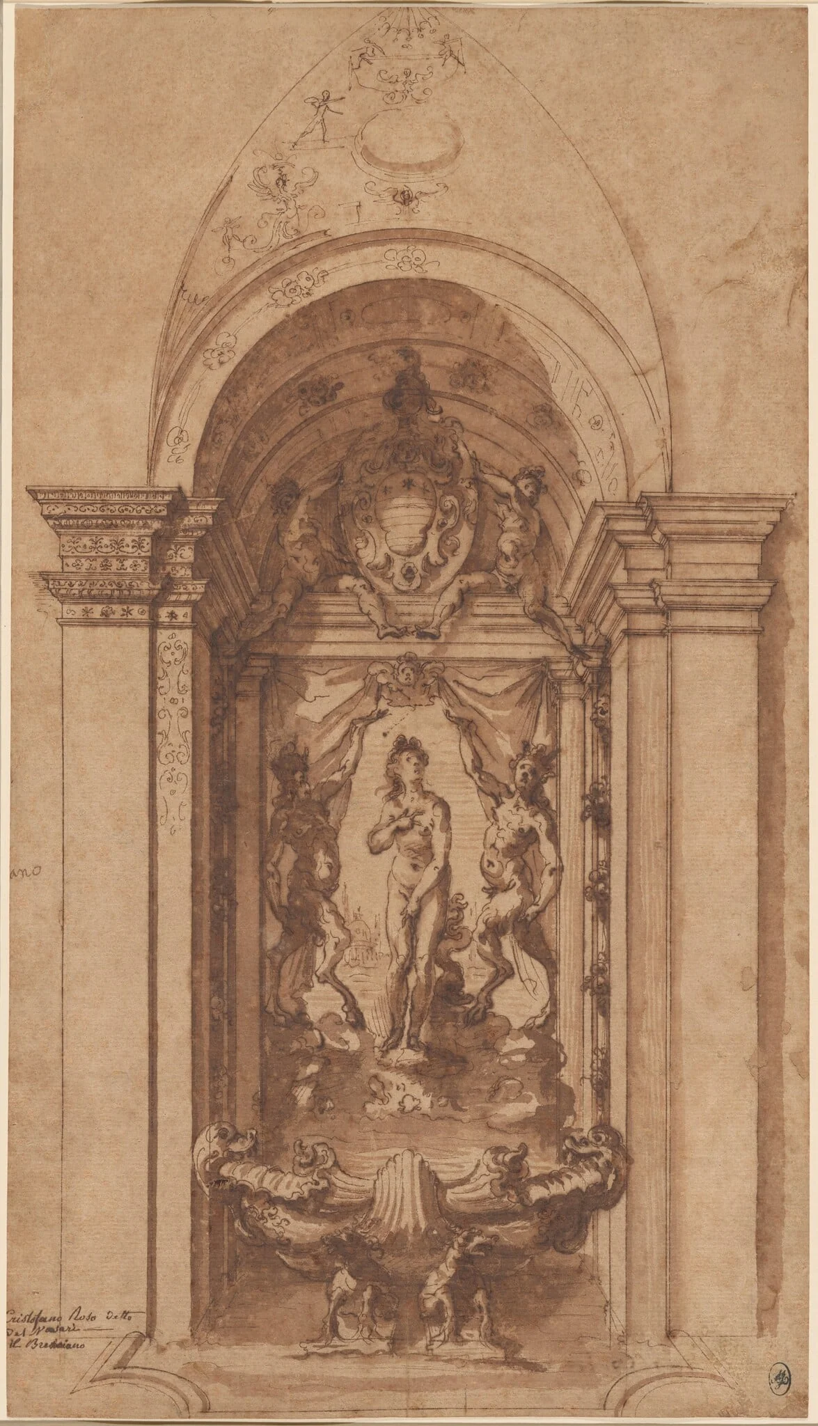 A Design for a Wall Decoration or Fountain, by Cherubino Alberti, chalk, 1594