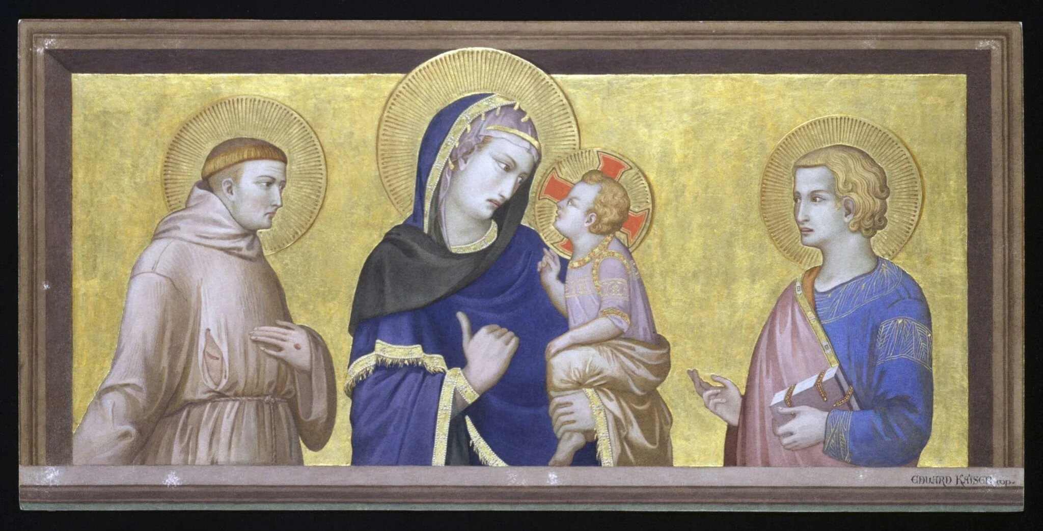 Copy after the painting Virgin and Child with St  John and St Francis by Pietro Lorenzetti ??? in the  Lower Church, San Francesco, Assisi, by Edward Kaiser, watercolor, 1875