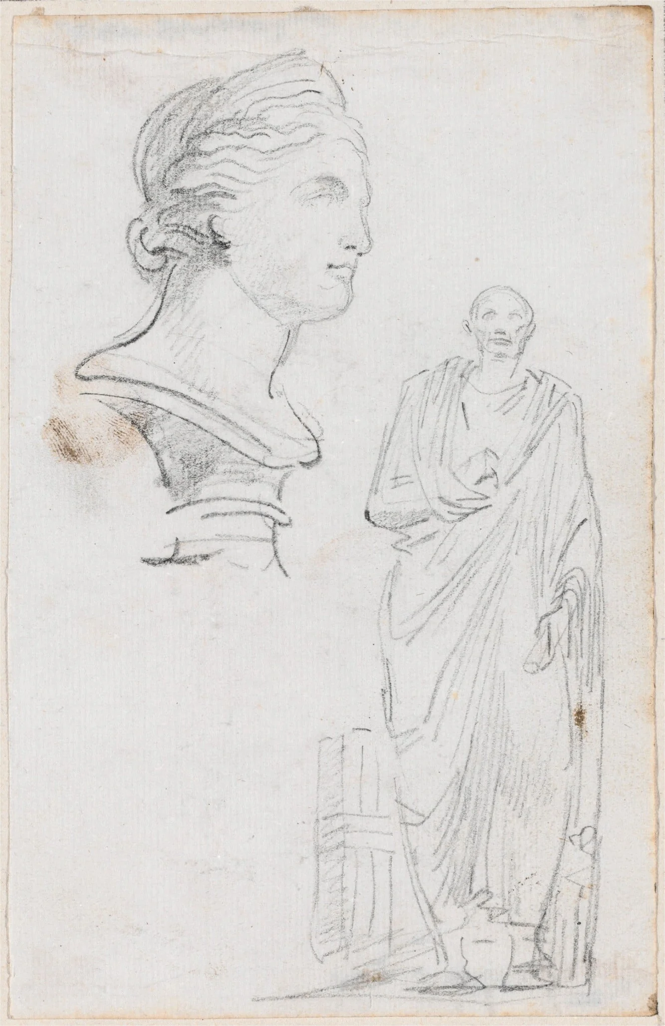 Bust of a Roman Woman and Statue of a Roman Man, by Hubert Robert, chalk, 1760