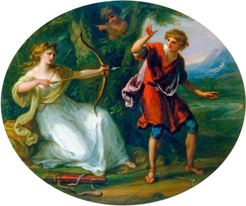 A Nymph Drawing Her Bow on a Youth, by Angelica Kauffmann, oil, 1790