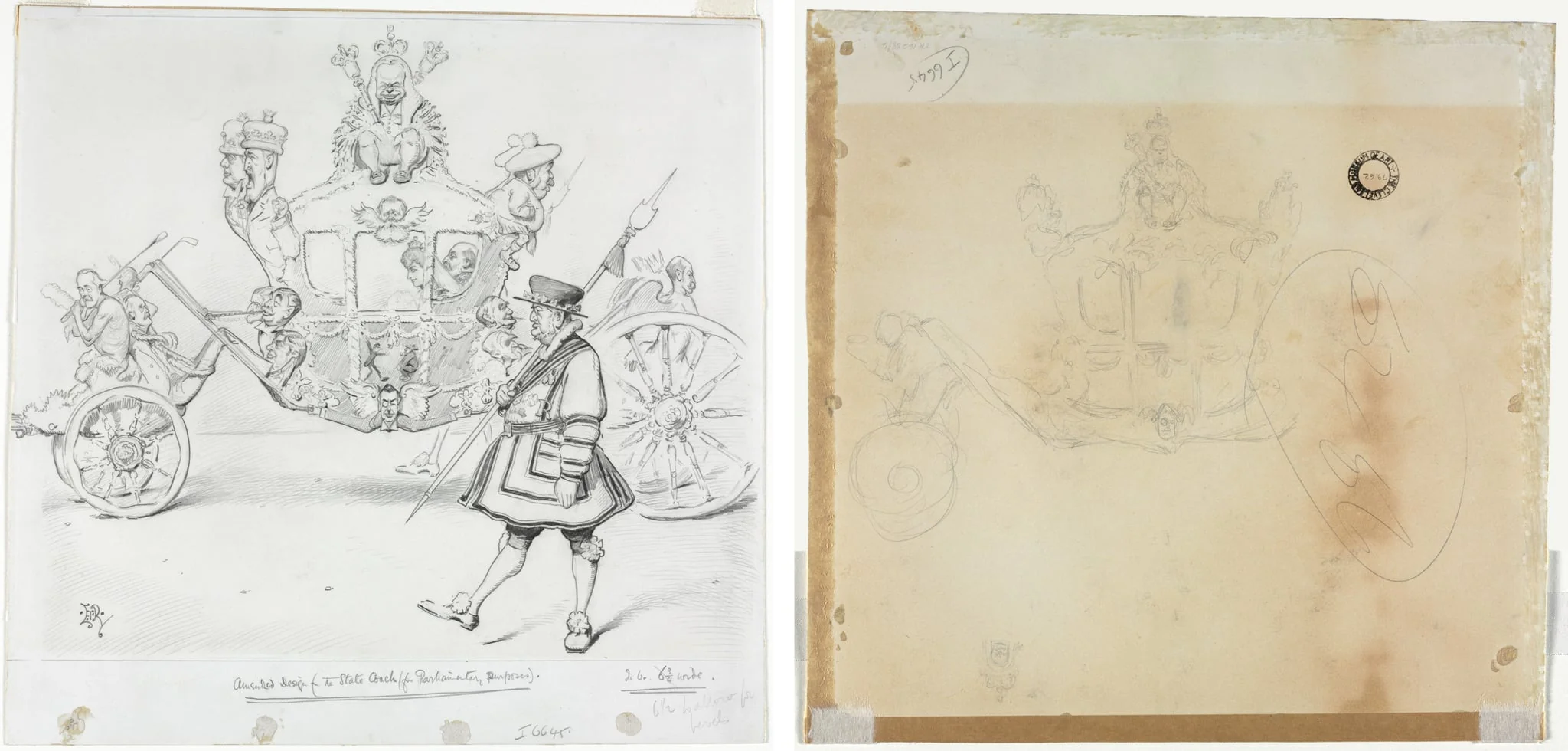 The Stagecoach for Parliamentary Purposes (recto) Study for Cab and Front Left Wheel of Coach and Study for Head of Crowned Figure Seated on Top of Coach (verso), by Edward Tennyson Reed, 1911