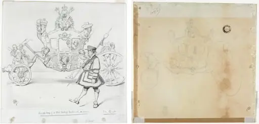 The Stagecoach for Parliamentary Purposes (recto) Study for Cab and Front Left Wheel of Coach and Study for Head of Crowned Figure Seated on Top of Coach (verso)