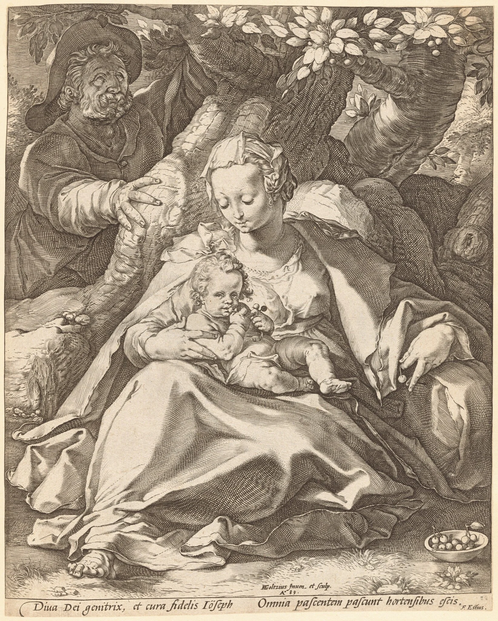 The Holy Family under a Cherry Tree, by Hendrik Goltzius, ink, 1589