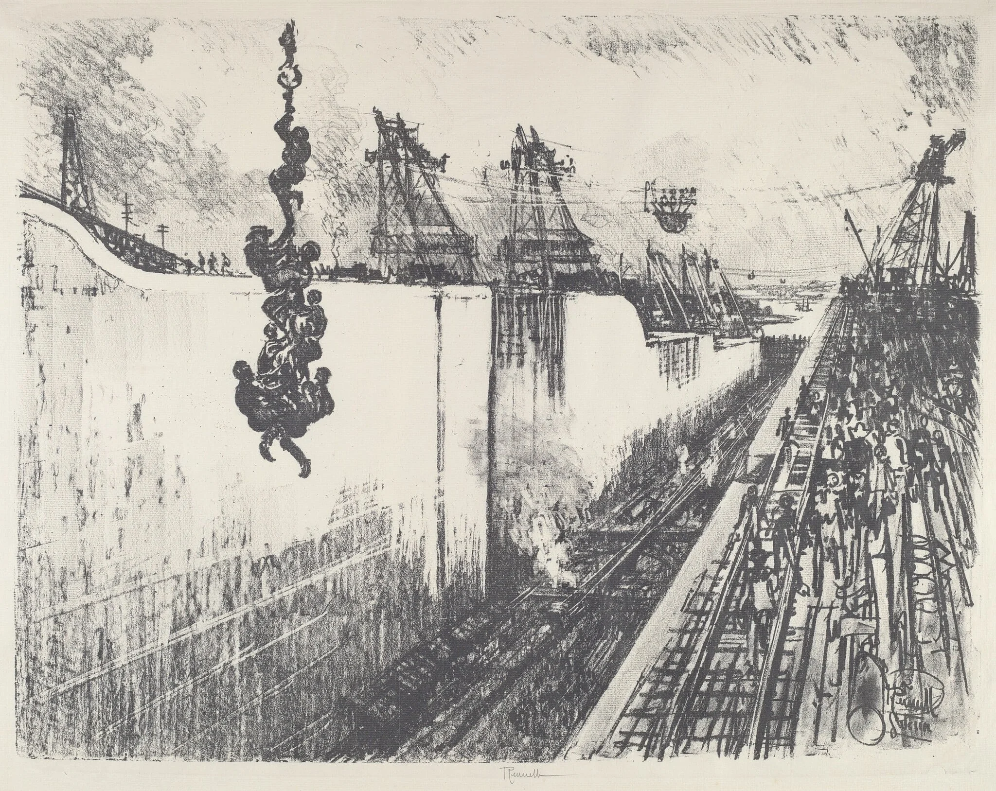 Dinner Time, Gatun Lock, by Joseph Pennell, ink, 1912