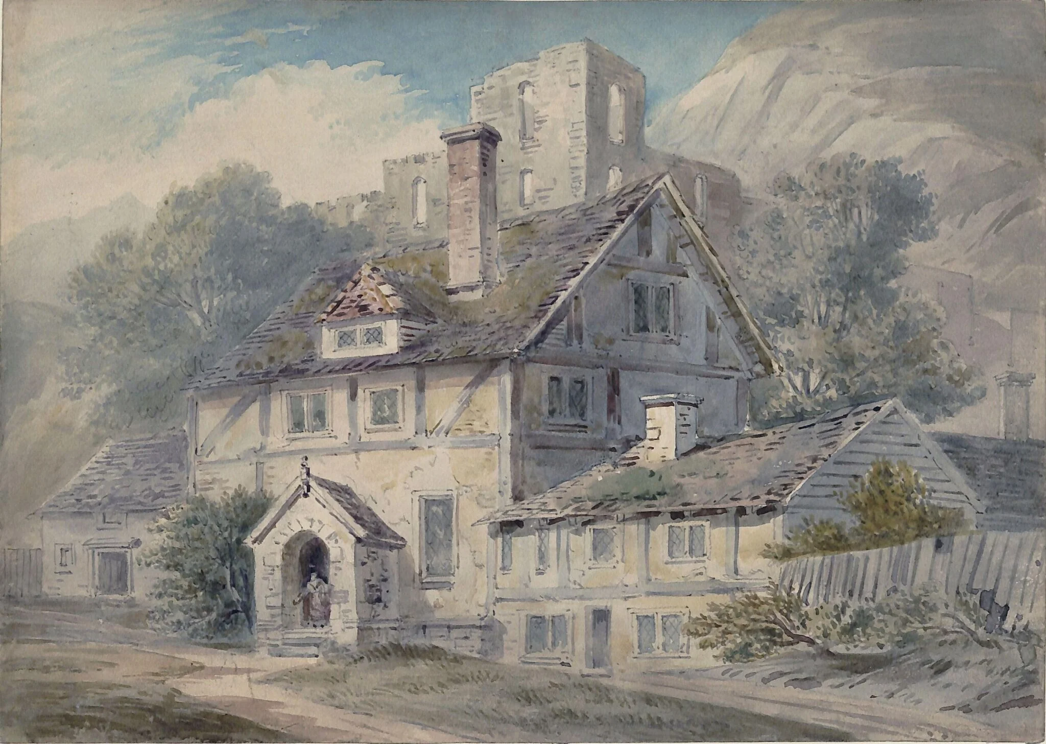 Landscape with a house and ruined castle, by William Fleetwood Varley, watercolor, 1850
