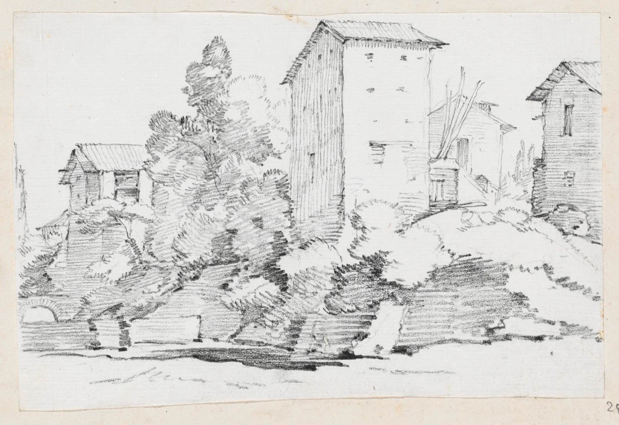 Italian Farm Buildings by a Stream, by Joseph-Marie Vien, graphite, 1747