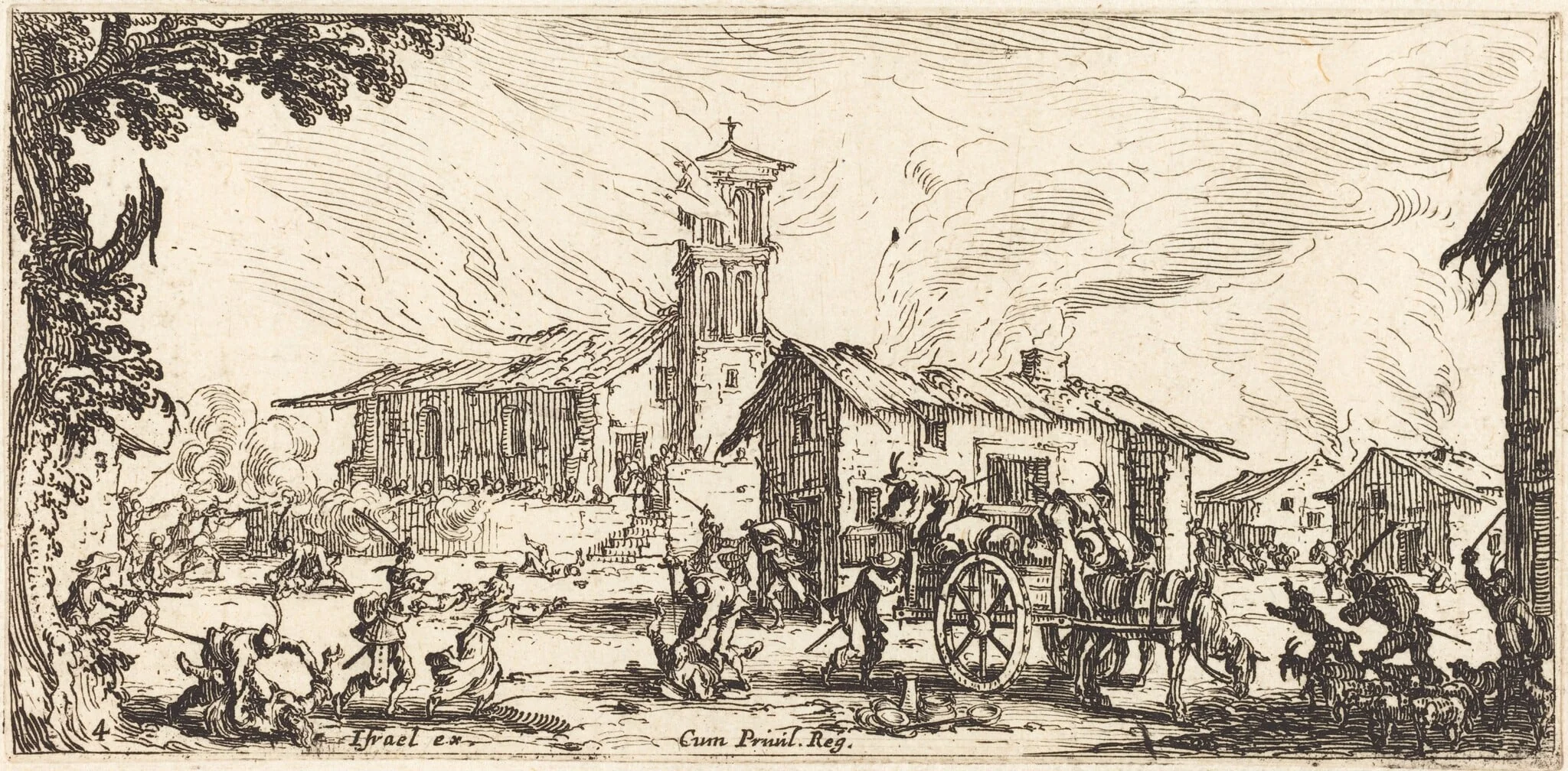 Ravaging and Burning a Village, by Jacques Callot, ink, 1633