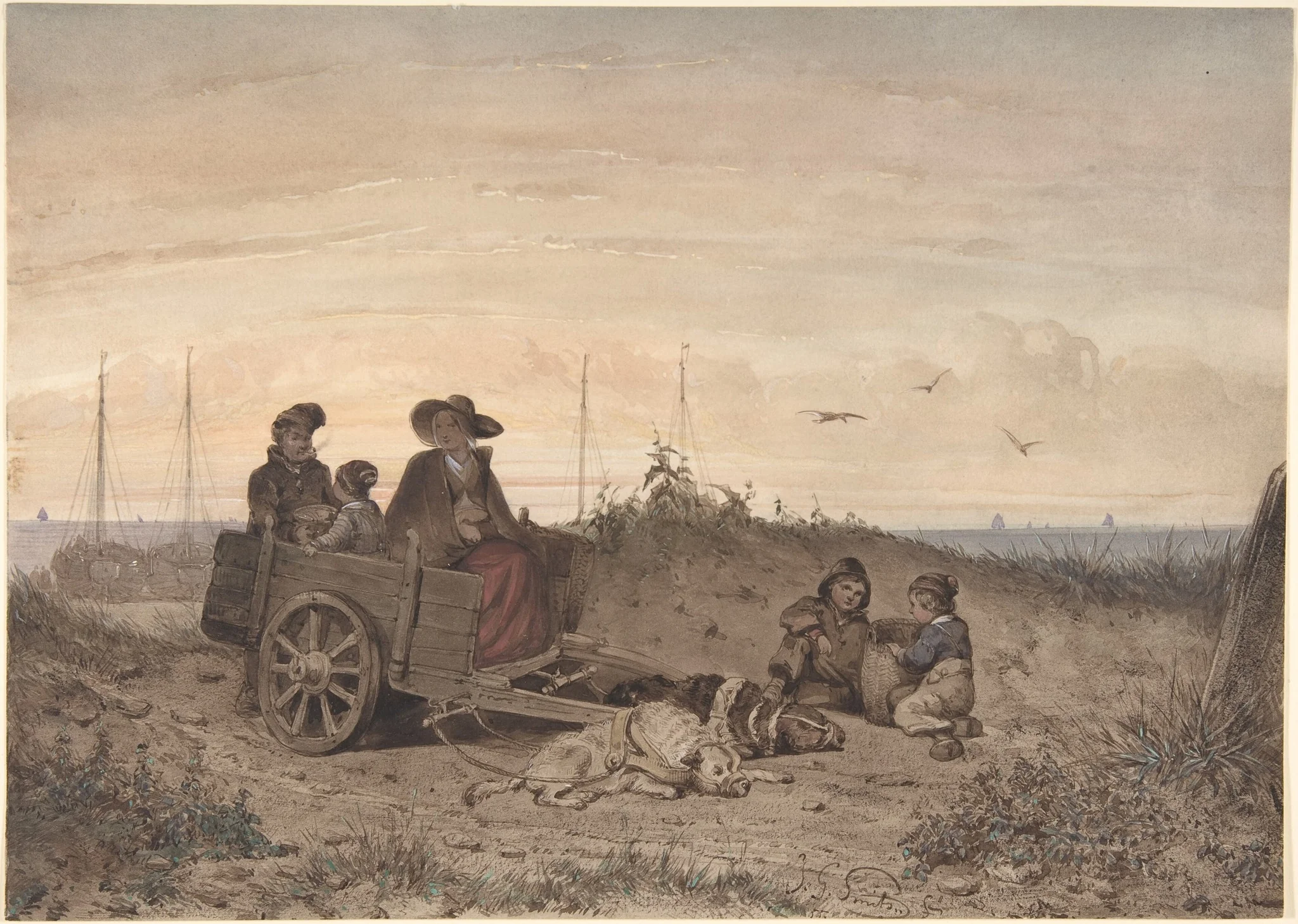 A Fisherman's Family at the Beach, the Mother and One of the Children Sitting in a Cart, by Jan Gerard Smits, unspecified, 1855