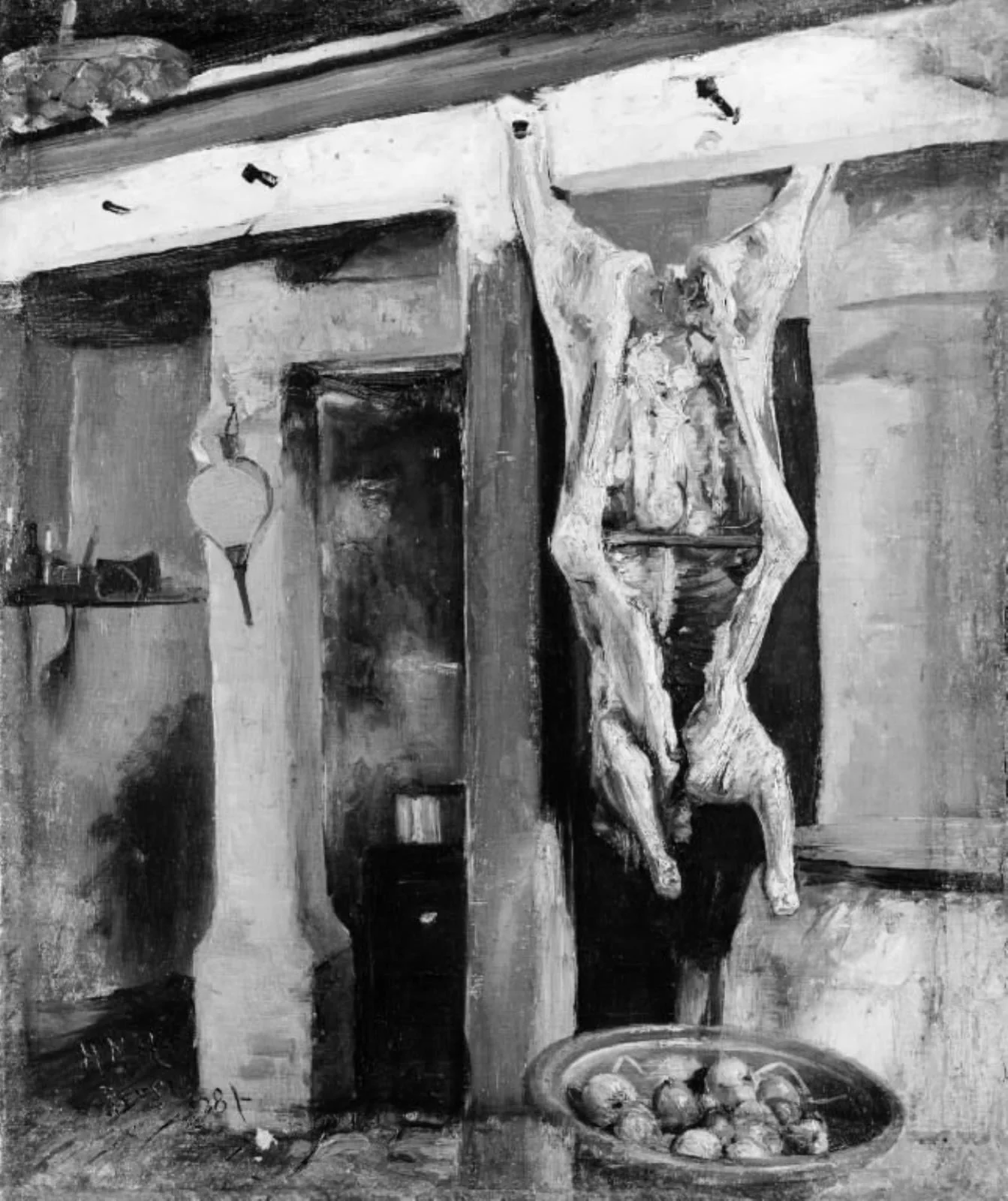 A Calf's Carcase in a Kitchen, by Unknown, 1881