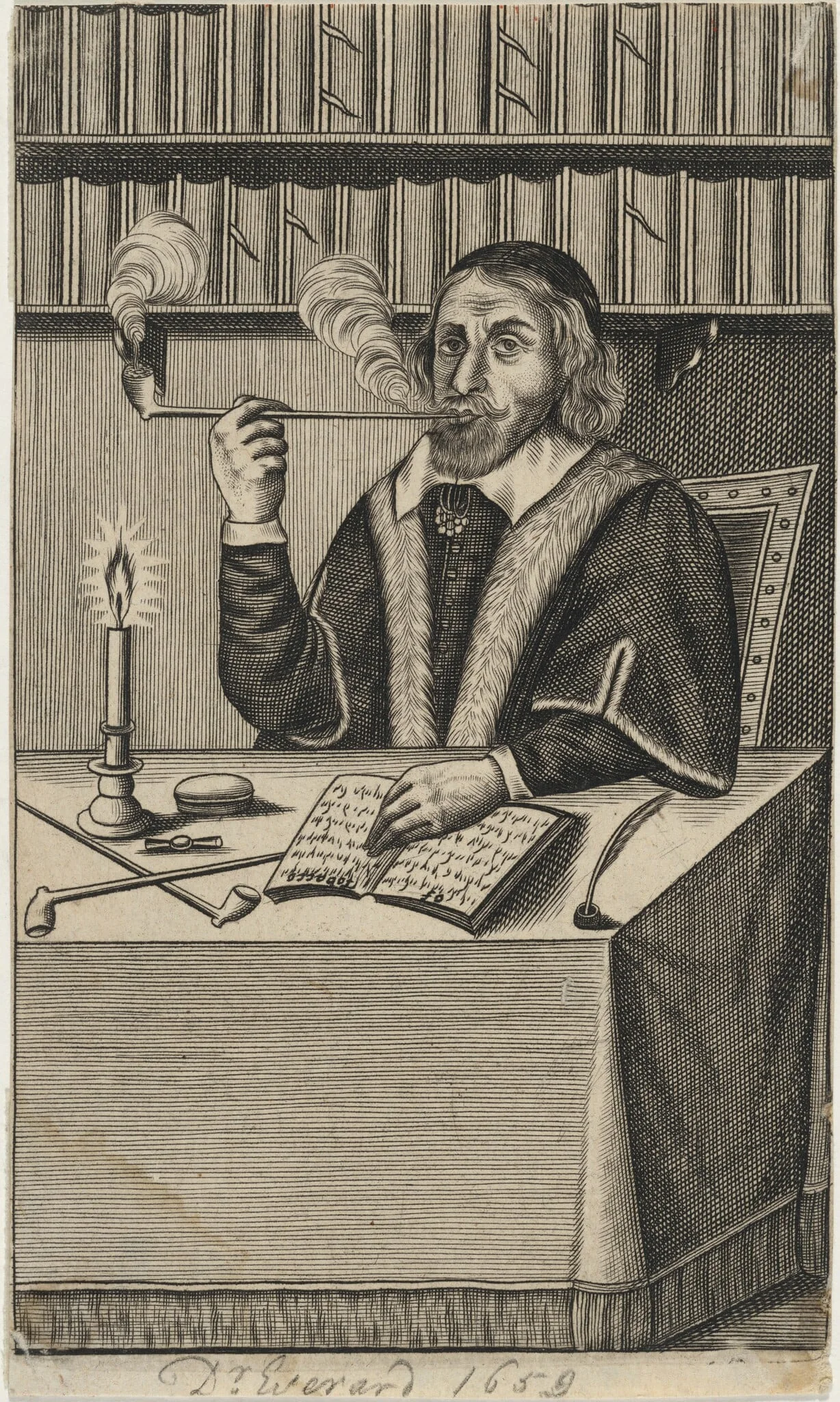Dr. Giles Everard Seated at a Table Smoking aPipe