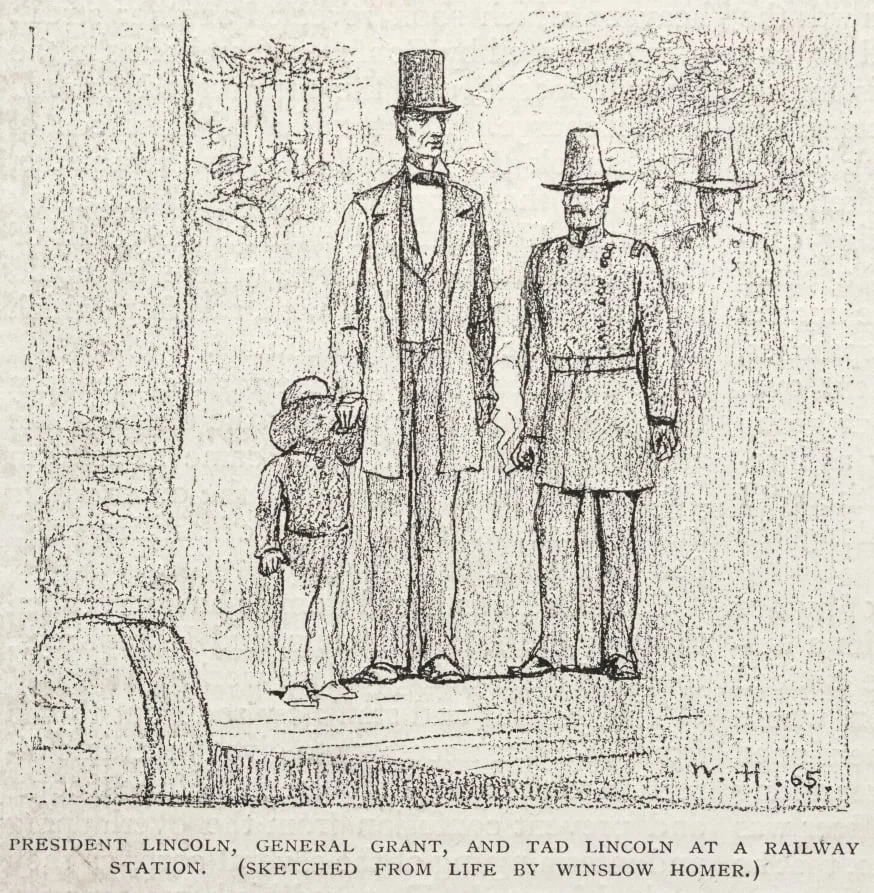 President Lincoln, General Grant, and Tad Lincoln at a Railway Station, by Winslow Homer, 1887