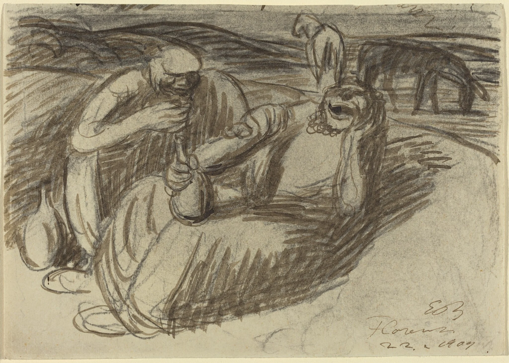 Italian Peasants with Wine Flasks