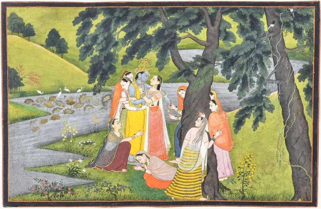 "Krishna and the Gopis on the Bank of the Yamuna River", Folio from the "Second" or "Tehri Garhwal" Gita Govinda (Song of the Cowherd)