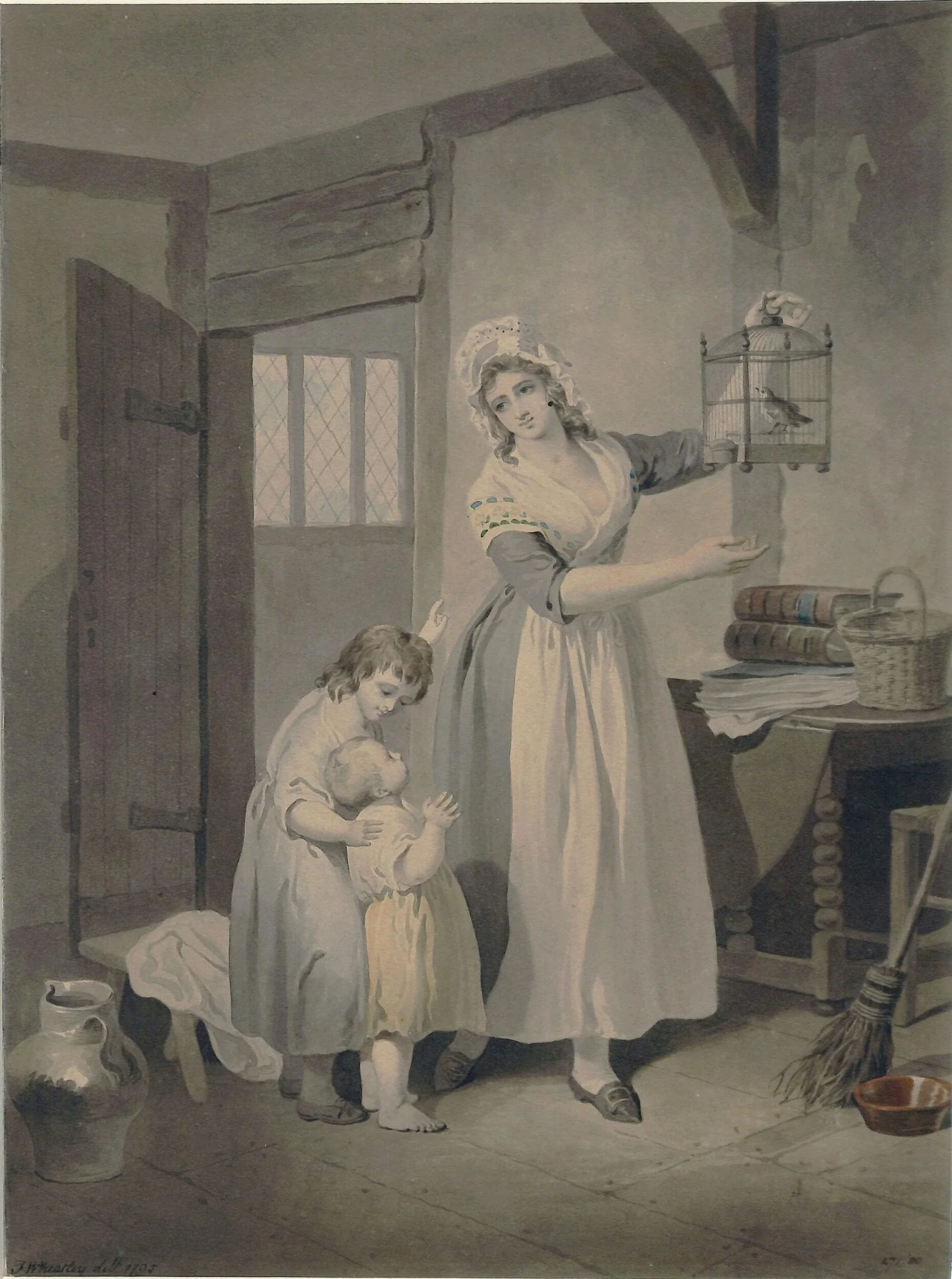 Interior with a woman showing a bird cage to two children