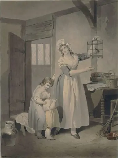 Interior with a woman showing a bird cage to two children