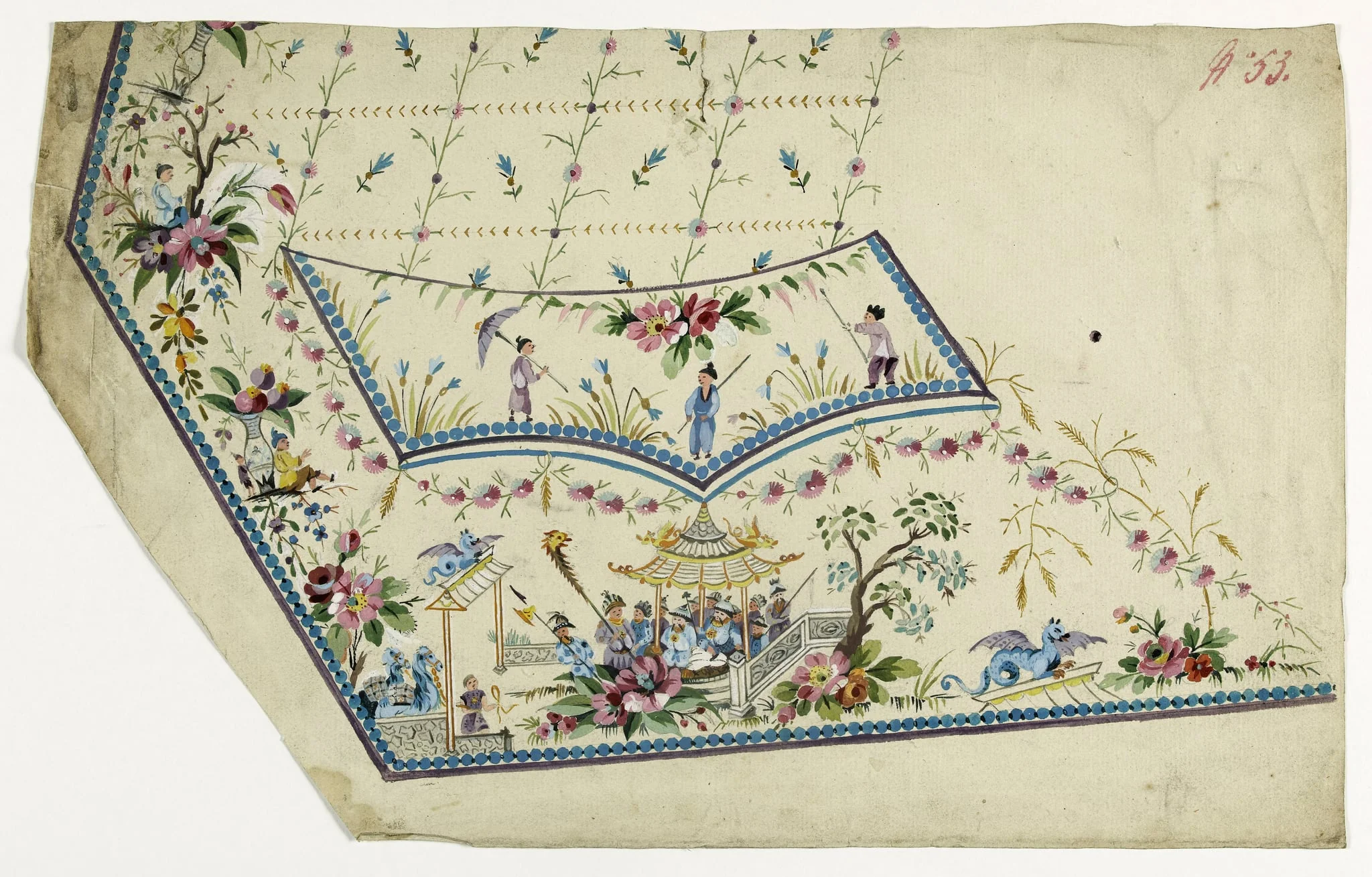 Gilet décor chinois sous une pagode, projets de broderies de gilet, XVIIIème siècle, by Anonyme, 1780