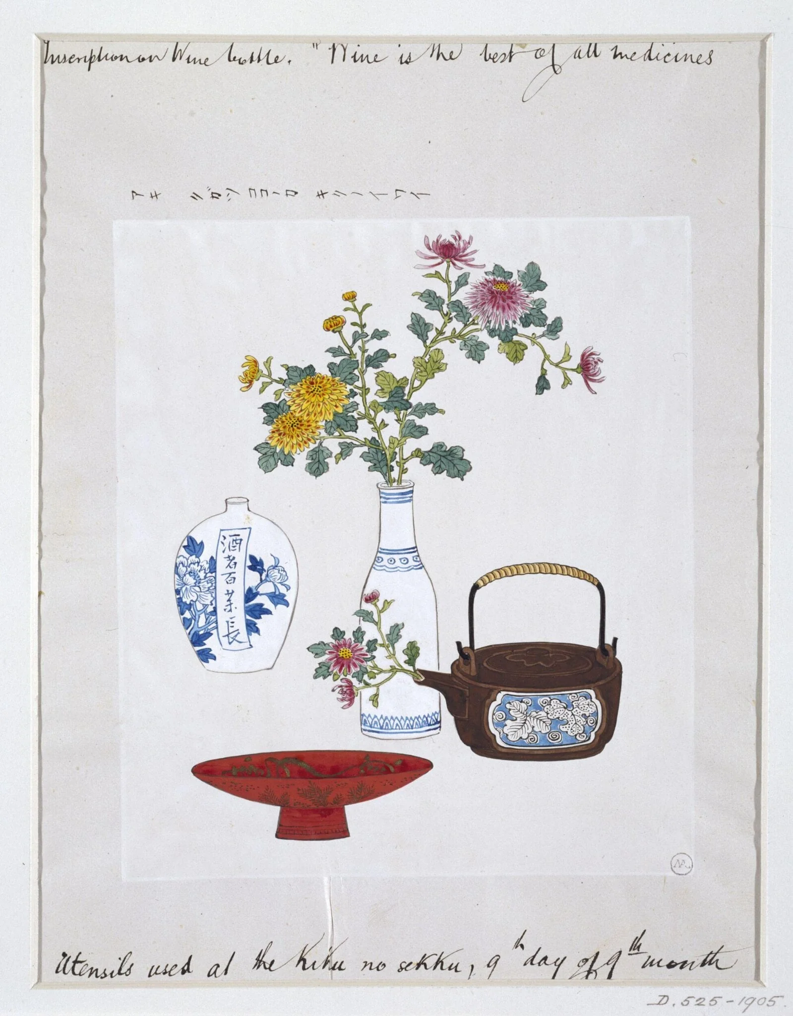 Utensils used at the Kiku no sekku, 9th day of 9th month, by Unknown, paint, 1877