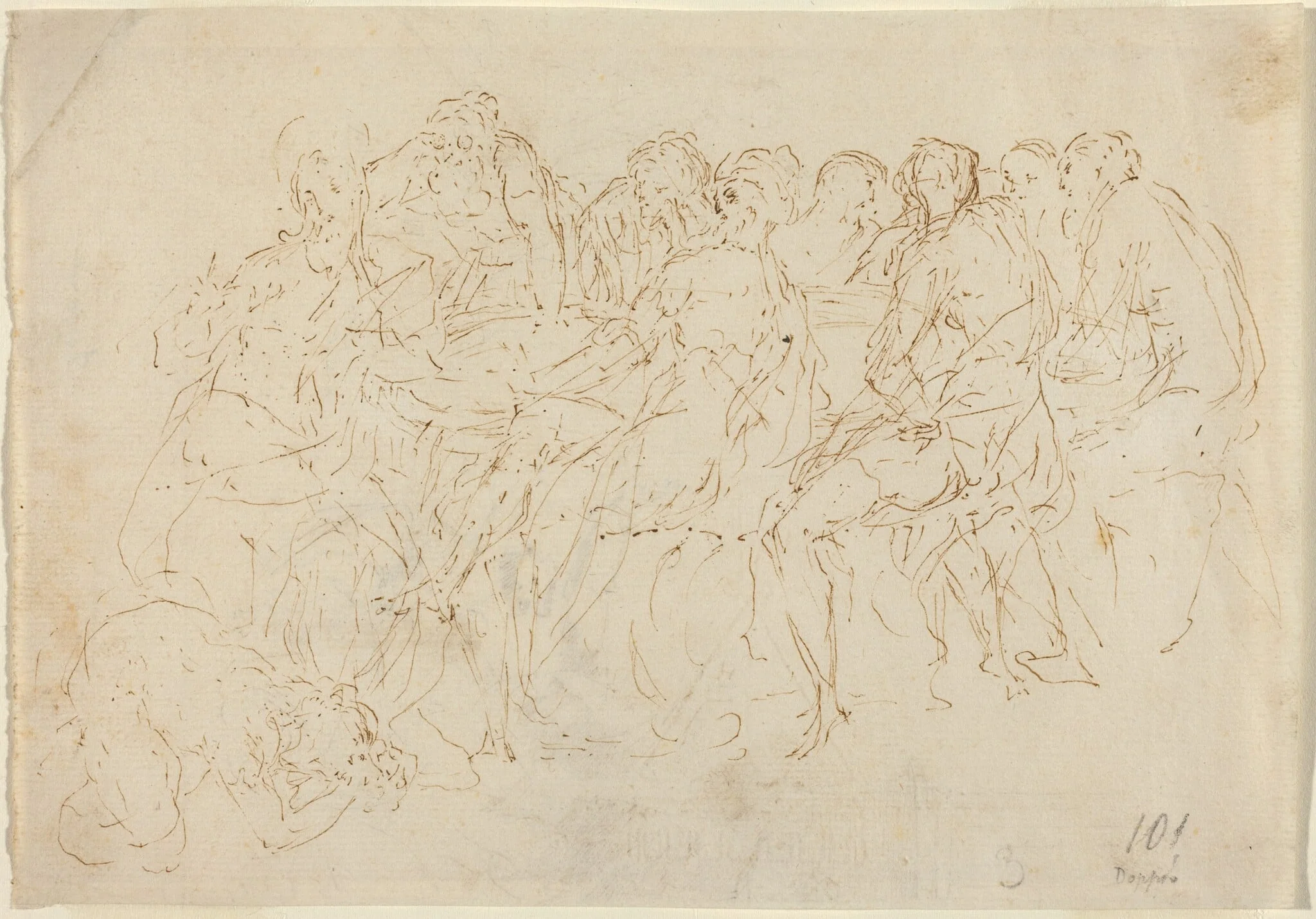 Magdalene Washing the Feet of Christ with Eight Disciples Looking On [recto], by Donato Creti, ink, 1710