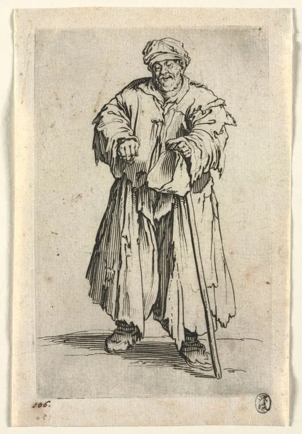 The Beggars: Obese Beggar with Lowered Eyes, by Jacques Callot, 1623