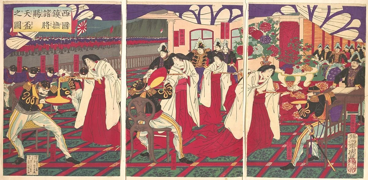 西国鎮静撫諸将天杯賜之図|Illustration of the Commanders who Pacified Western Japan, Receiving the Emperor's Gift Cups (Saigoku chinbu shoshō tenpai o tamau no zu), by Yōshū (Hashimoto) Chikanobu, ink, 1877