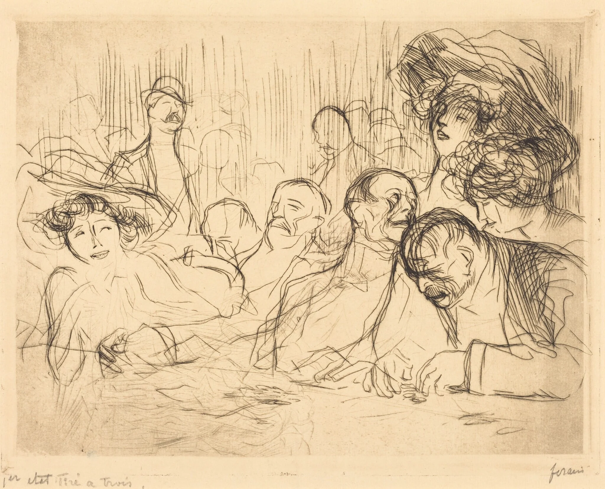 A la table de jeu (1ère planche) (At the Gambling Table) (first plate), by Jean-Louis Forain, ink, 1909