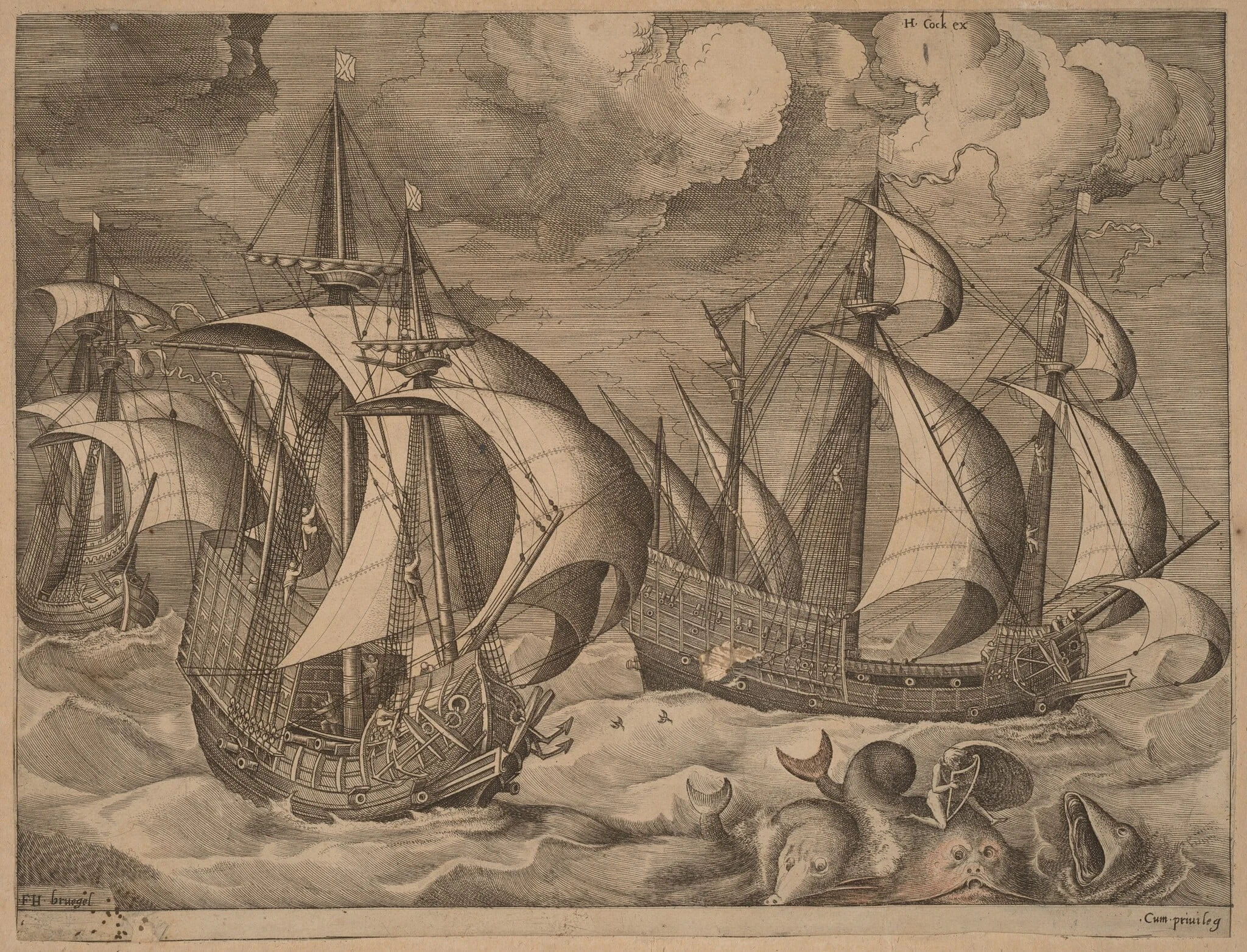 Three Caravels in a Rising Squall with Adrion on a Dolphin, by Frans Huys, ink, 1565